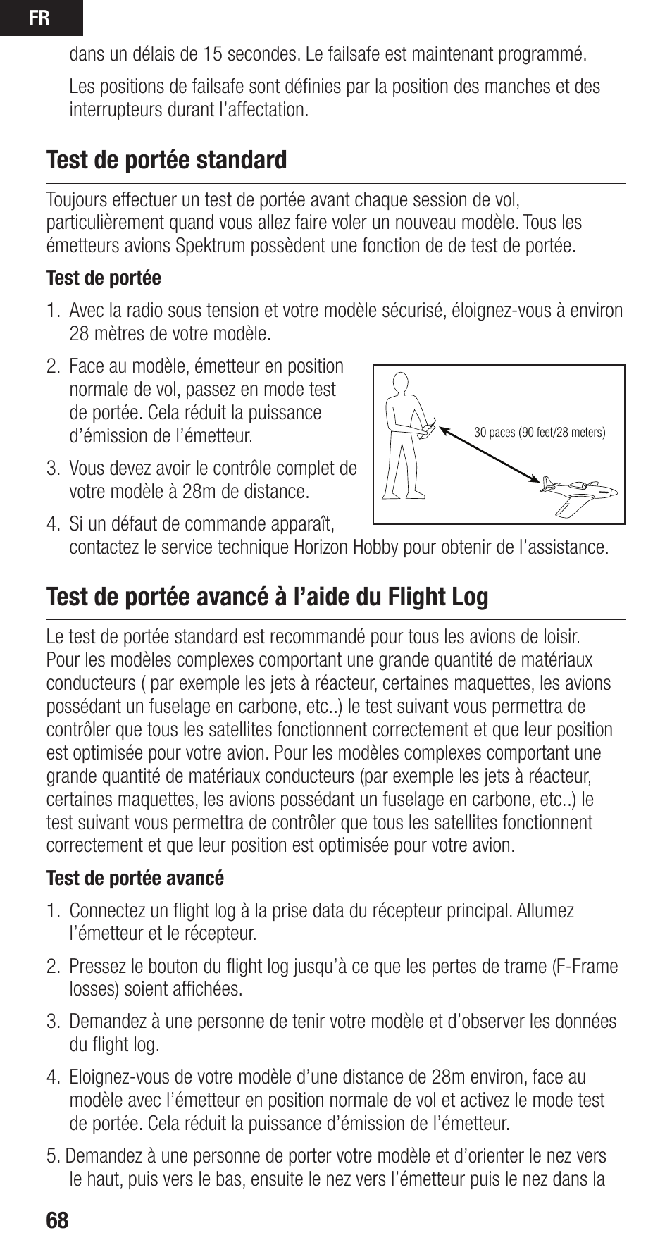 Test de portée standard, Test de portée avancé à l’aide du flight log | Spektrum SPMAR9110 User Manual | Page 68 / 100