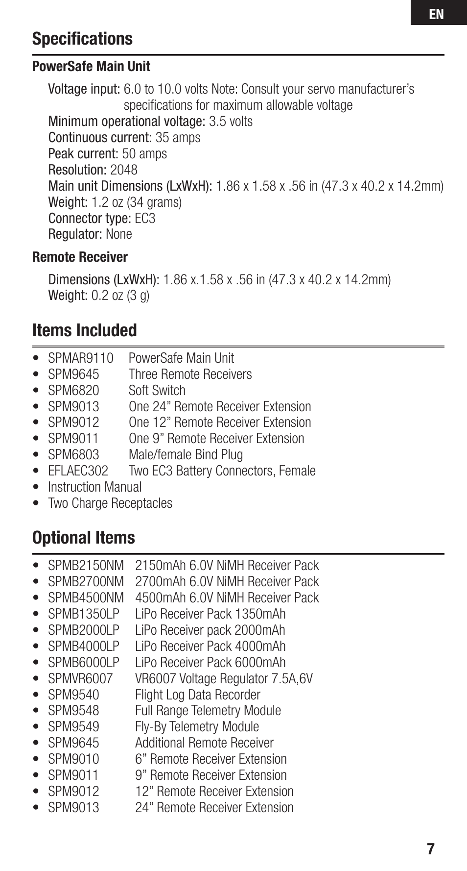 Specifications, Items included, Optional items | Spektrum SPMAR9110 User Manual | Page 7 / 100