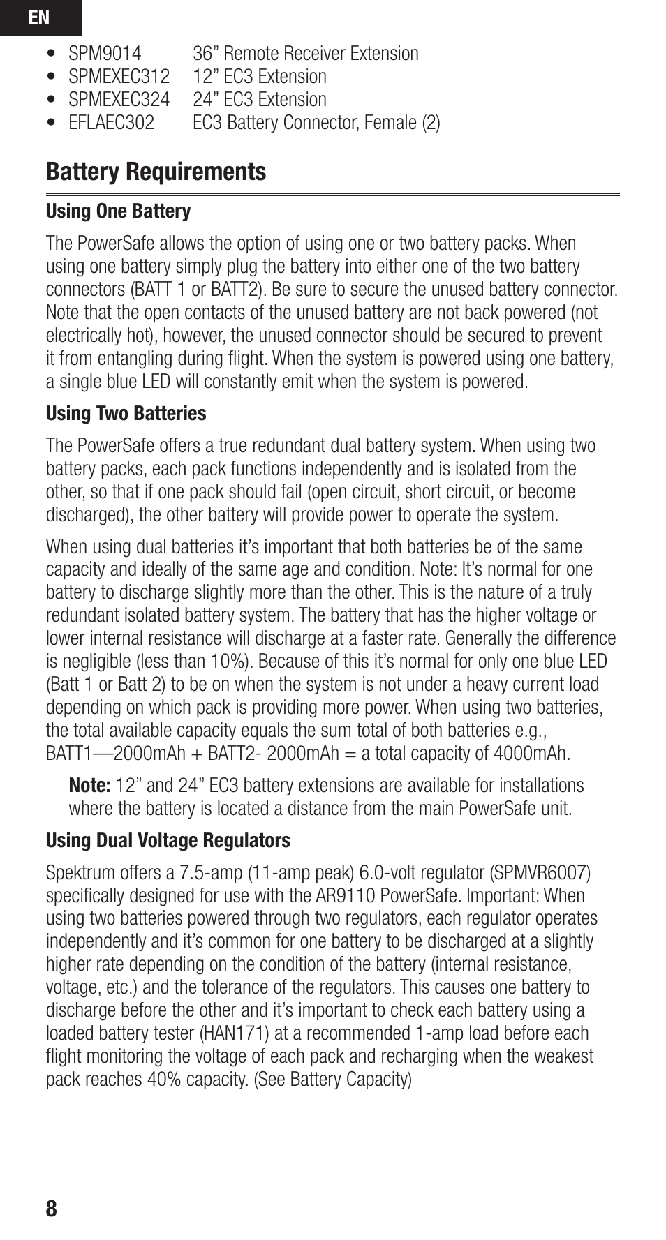 Battery requirements | Spektrum SPMAR9110 User Manual | Page 8 / 100
