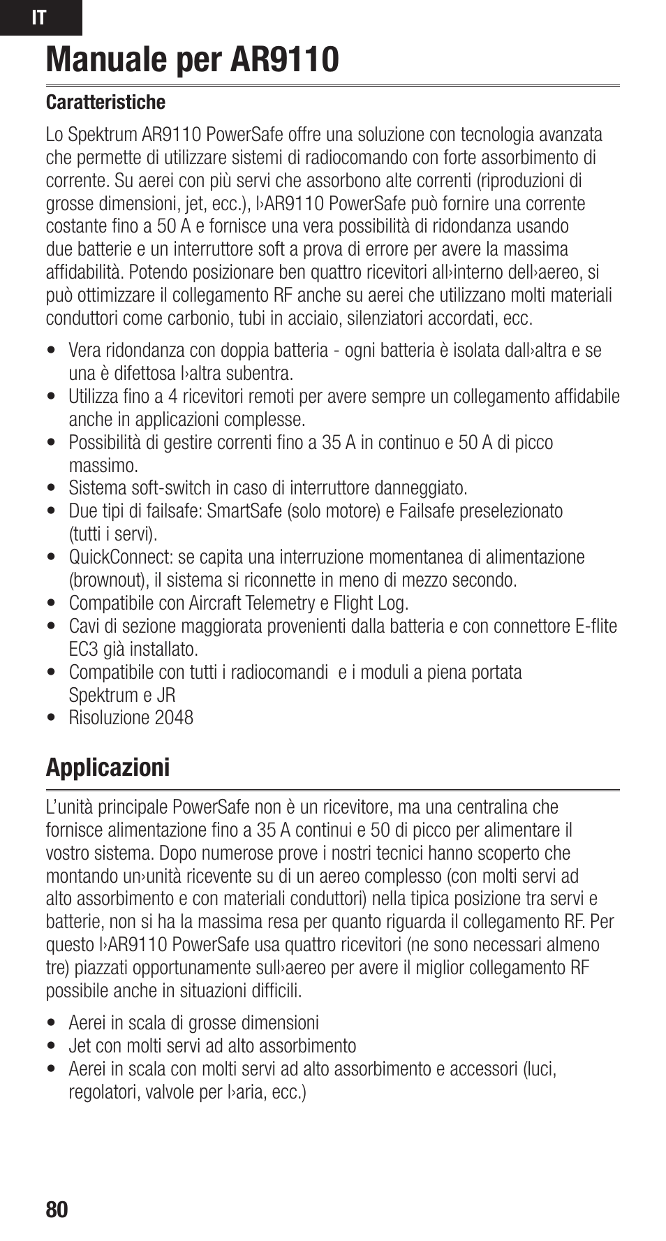 Manuale per ar9110, Applicazioni | Spektrum SPMAR9110 User Manual | Page 80 / 100