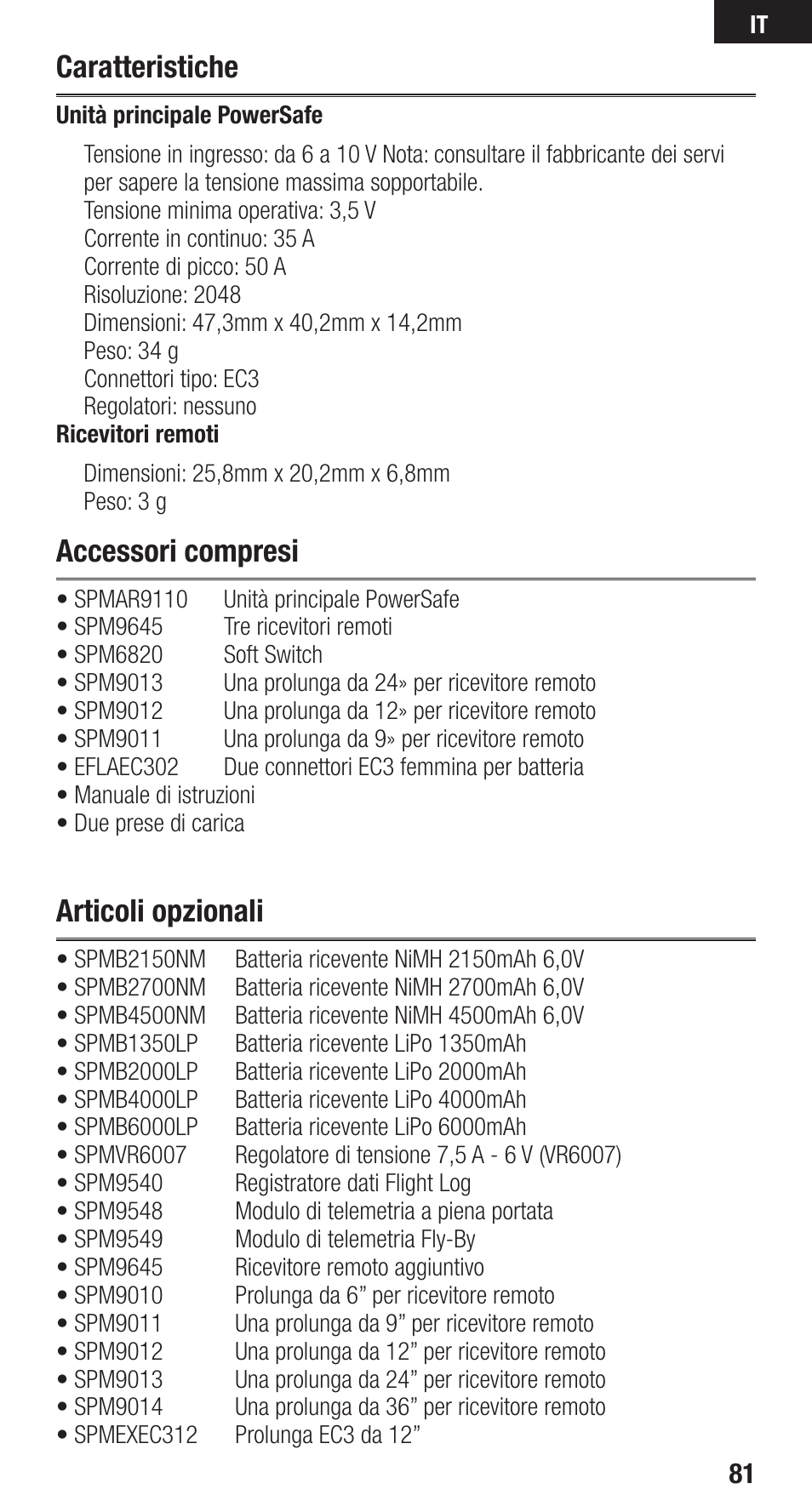 Caratteristiche, Accessori compresi, Articoli opzionali | Spektrum SPMAR9110 User Manual | Page 81 / 100