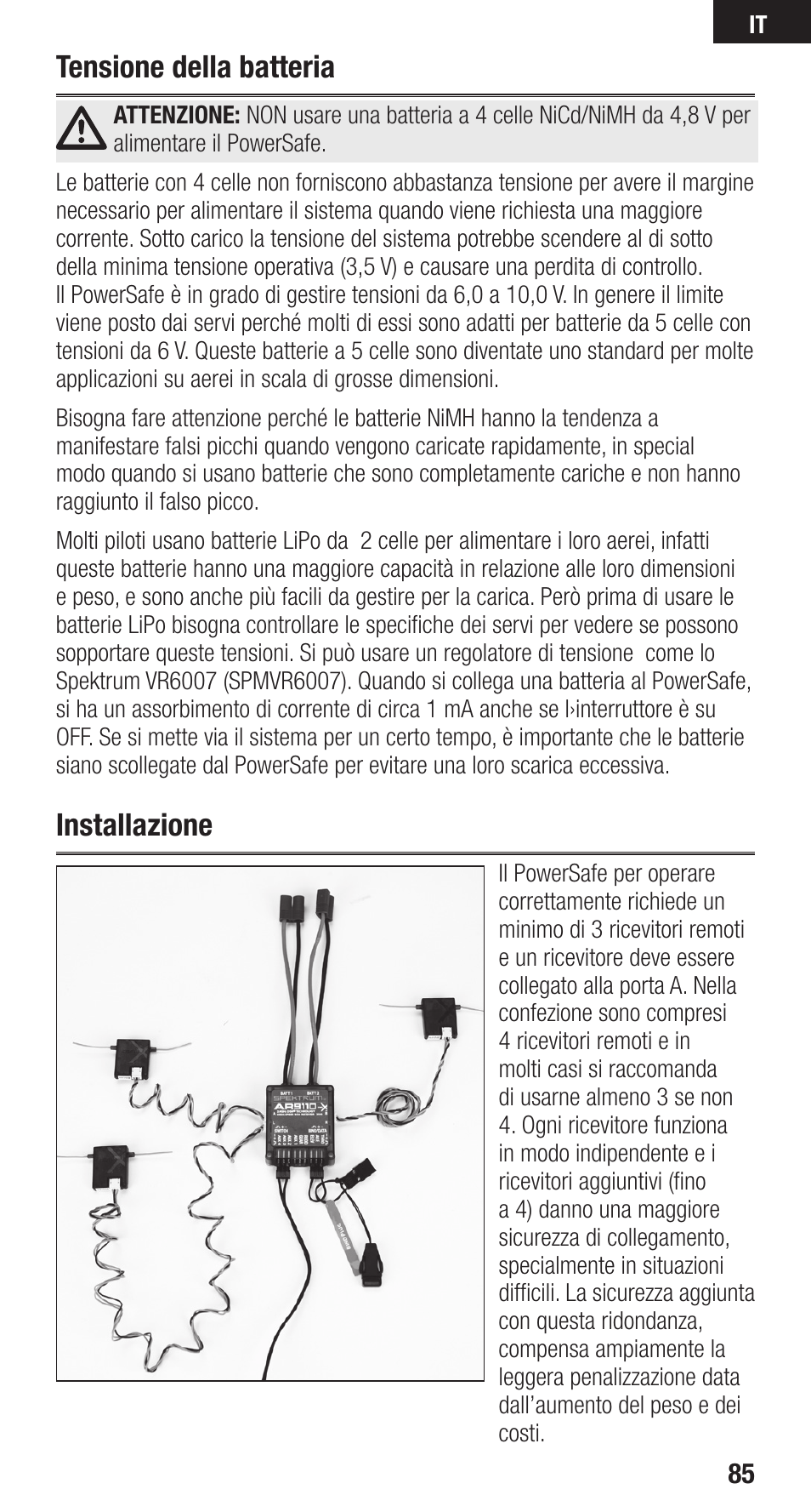 Tensione della batteria, Installazione | Spektrum SPMAR9110 User Manual | Page 85 / 100