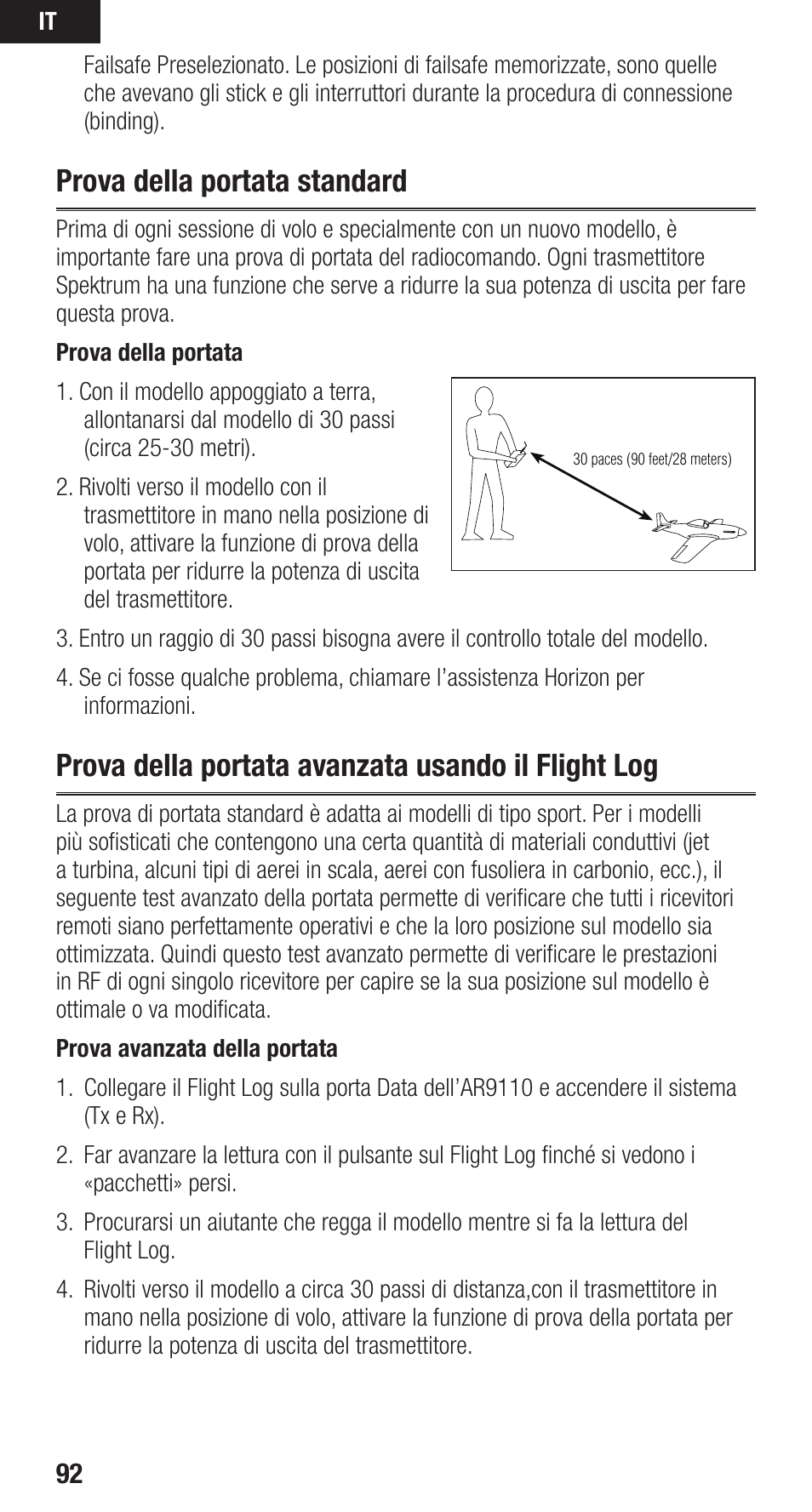 Prova della portata standard, Prova della portata avanzata usando il flight log | Spektrum SPMAR9110 User Manual | Page 92 / 100