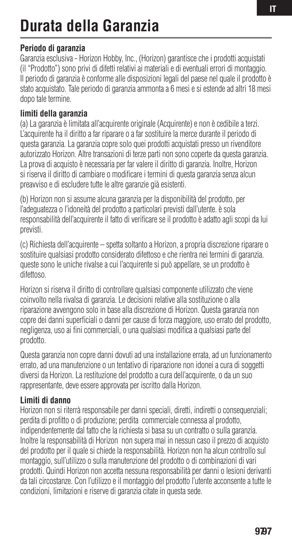 Durata della garanzia | Spektrum SPMAR9110 User Manual | Page 97 / 100