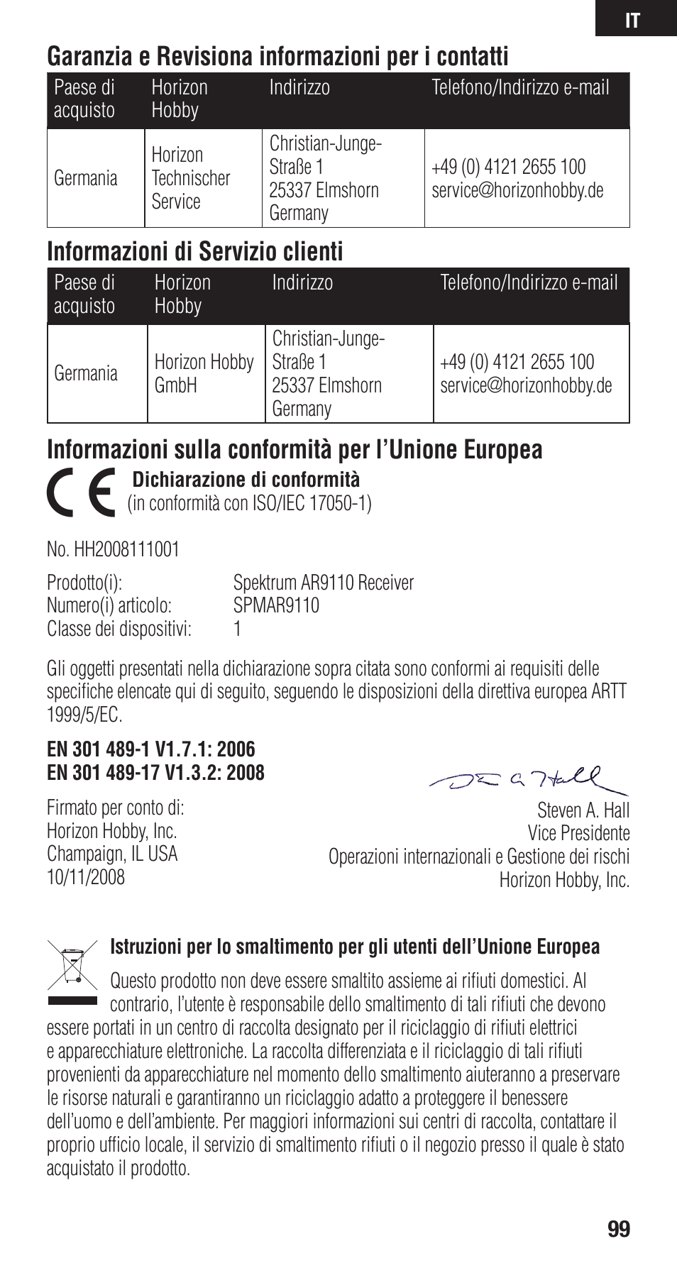 Garanzia e revisiona informazioni per i contatti, Informazioni di servizio clienti, Informazioni sulla conformità per l’unione europea | Spektrum SPMAR9110 User Manual | Page 99 / 100