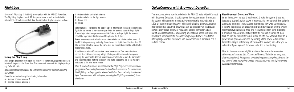 Flight log, Quickconnect with brownout detection | Spektrum SPMAR9100 User Manual | Page 11 / 14