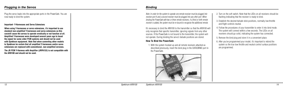 Plugging in the servos, Binding | Spektrum SPMAR9100 User Manual | Page 8 / 14