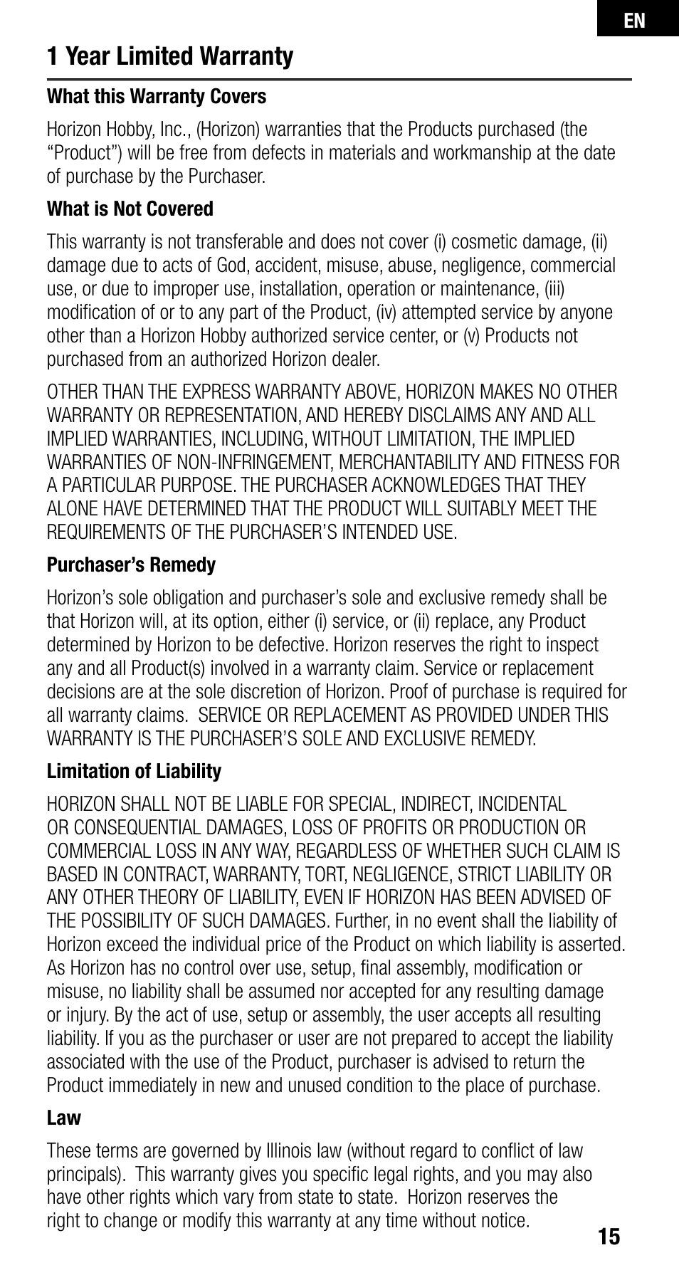 1 year limited warranty | Spektrum SPMAR9010 User Manual | Page 15 / 72