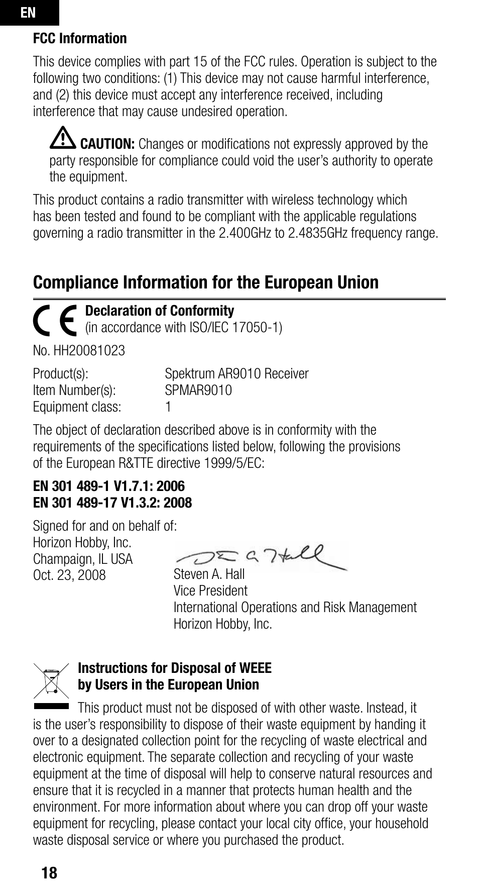 Compliance information for the european union | Spektrum SPMAR9010 User Manual | Page 18 / 72