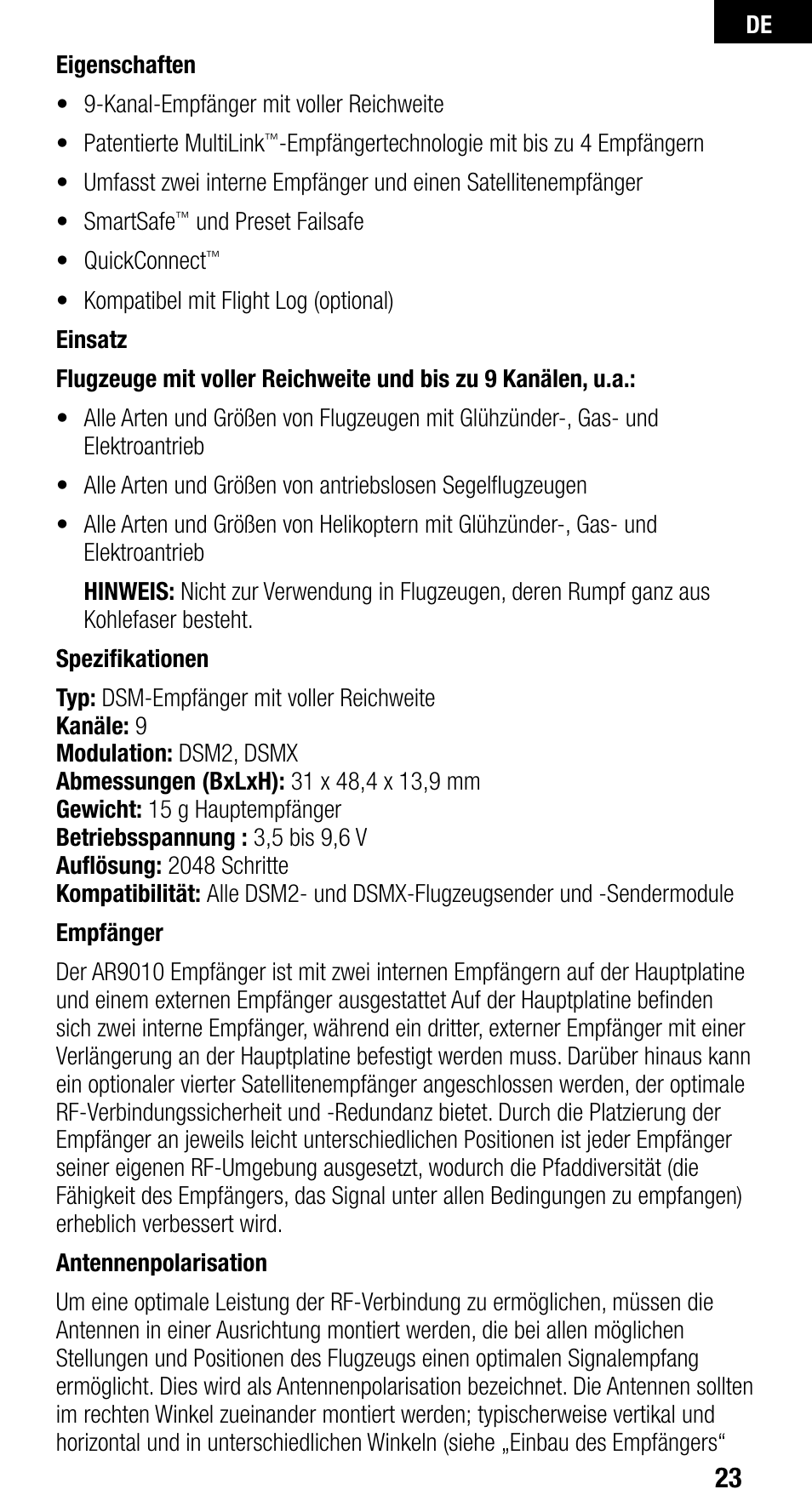 Spektrum SPMAR9010 User Manual | Page 23 / 72