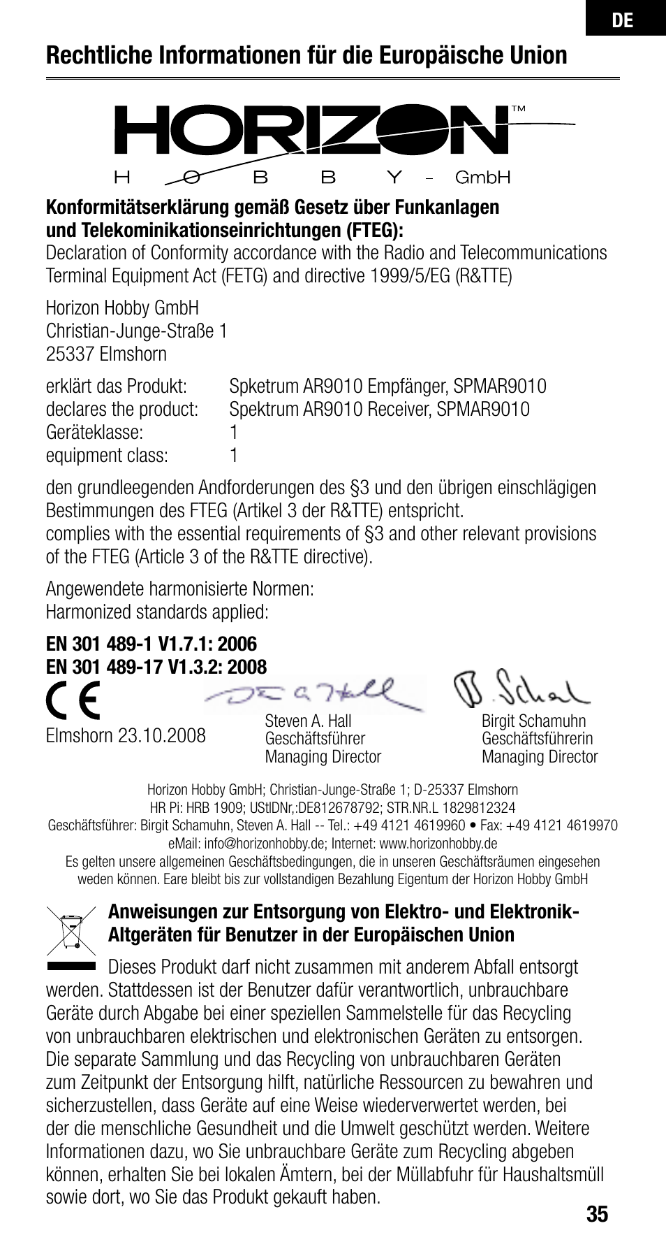 Rechtliche informationen für die europäische union | Spektrum SPMAR9010 User Manual | Page 35 / 72