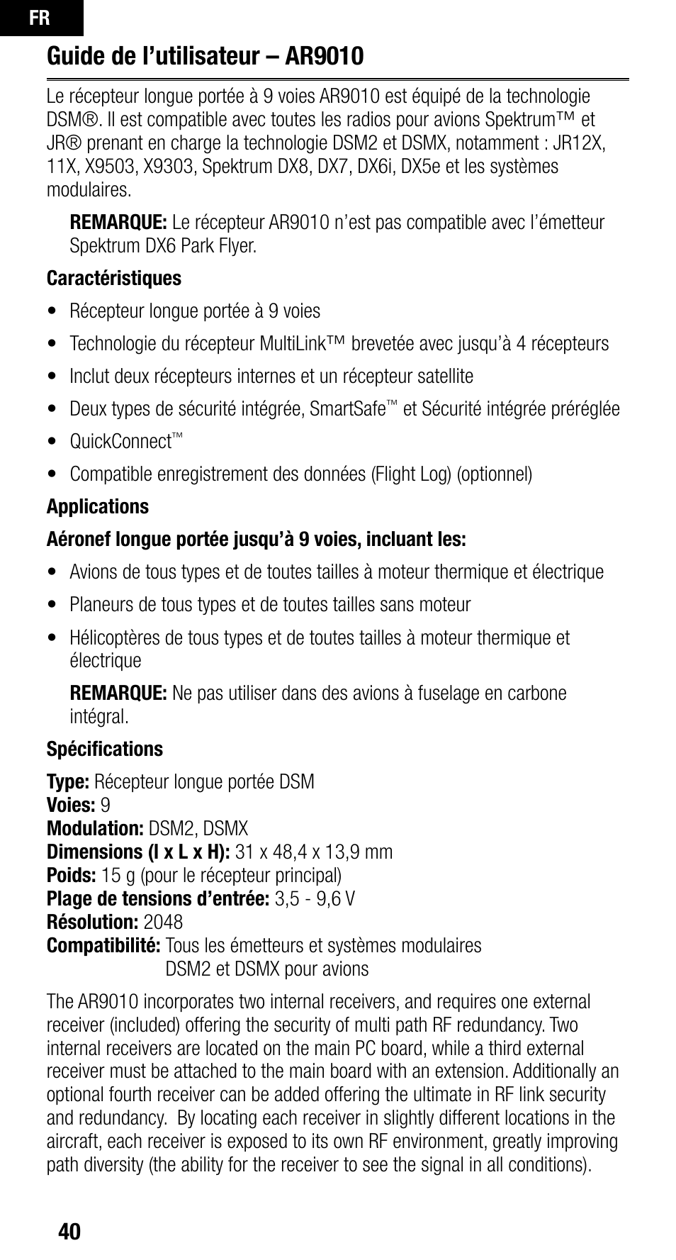 Guide de l’utilisateur – ar9010 | Spektrum SPMAR9010 User Manual | Page 40 / 72
