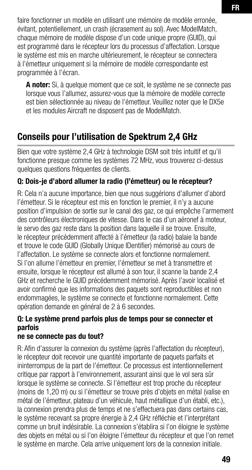Conseils pour l’utilisation de spektrum 2,4 ghz | Spektrum SPMAR9010 User Manual | Page 49 / 72