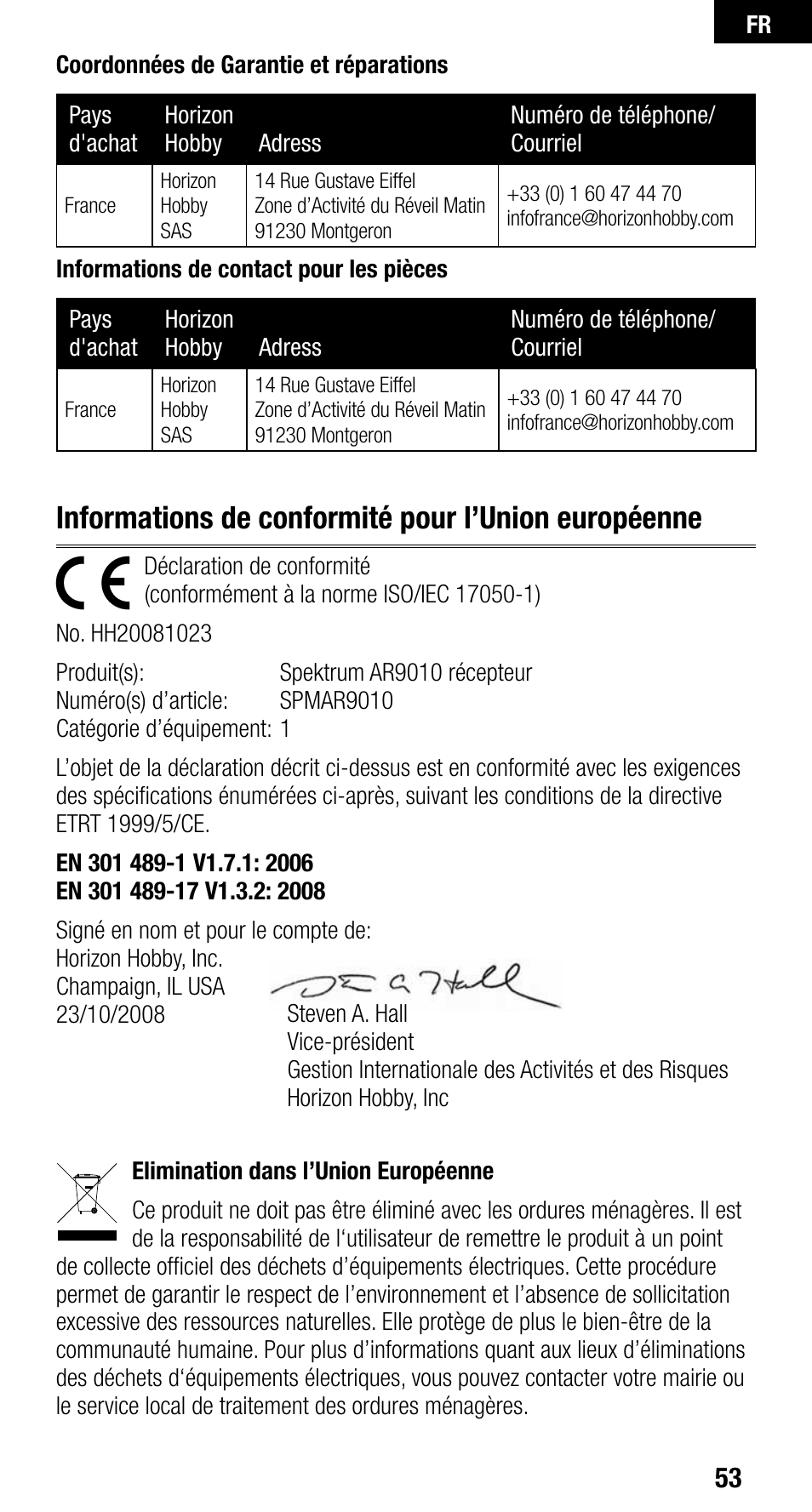 Informations de conformité pour l’union européenne | Spektrum SPMAR9010 User Manual | Page 53 / 72