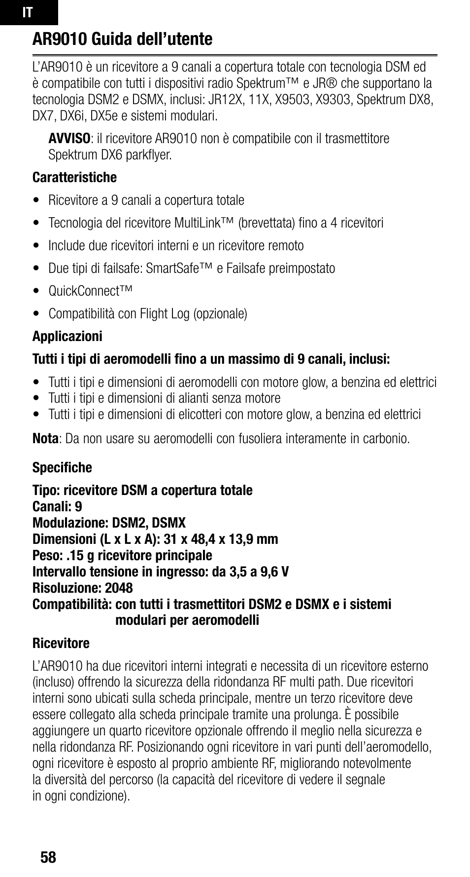Ar9010 guida dell’utente | Spektrum SPMAR9010 User Manual | Page 58 / 72
