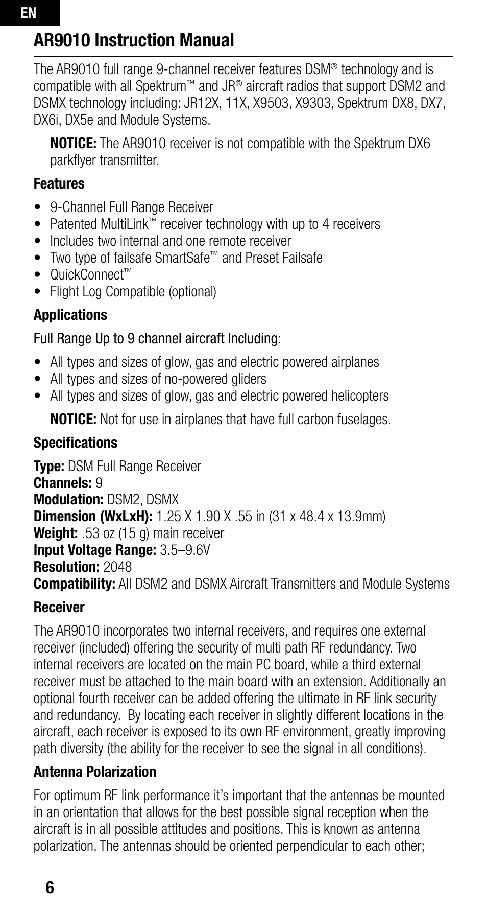 Ar9010 instruction manual | Spektrum SPMAR9010 User Manual | Page 6 / 72