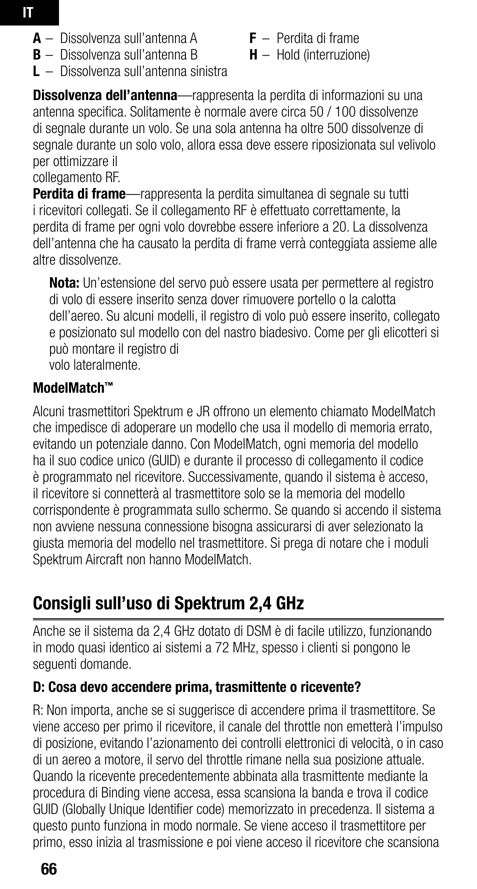 Consigli sull’uso di spektrum 2,4 ghz | Spektrum SPMAR9010 User Manual | Page 66 / 72