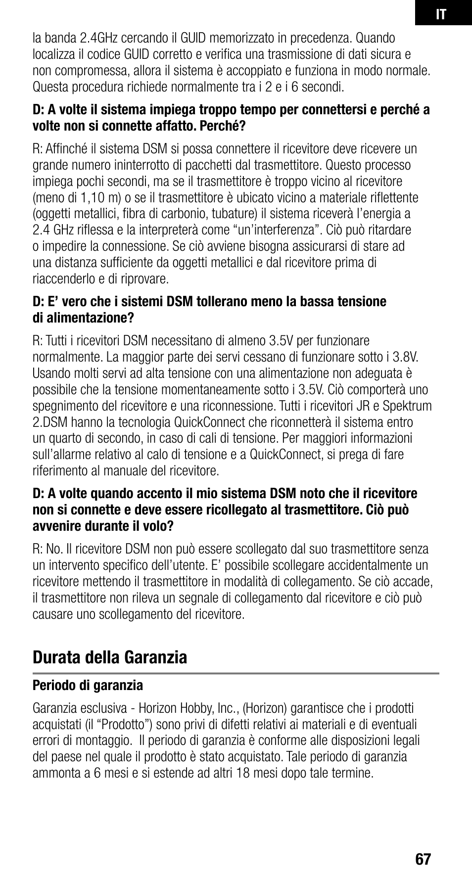 Durata della garanzia | Spektrum SPMAR9010 User Manual | Page 67 / 72