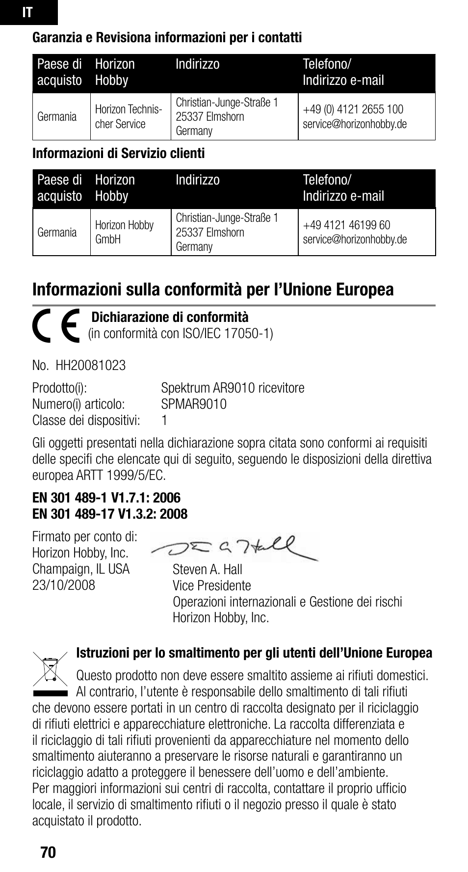 Informazioni sulla conformità per l’unione europea | Spektrum SPMAR9010 User Manual | Page 70 / 72