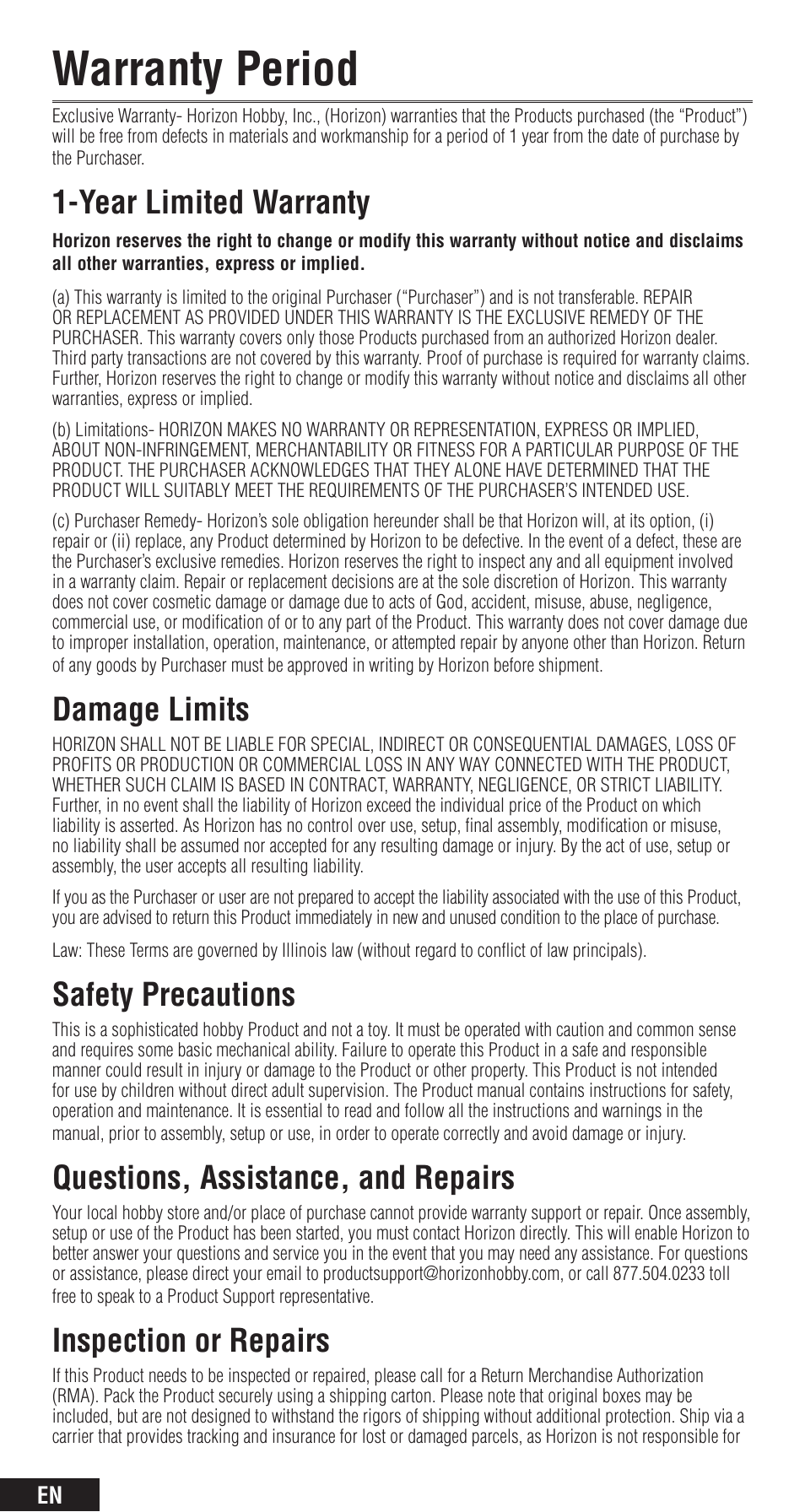 Warranty period, Year limited warranty, Damage limits | Safety precautions, Questions, assistance, and repairs, Inspection or repairs | Spektrum SPMAR8000 User Manual | Page 10 / 52