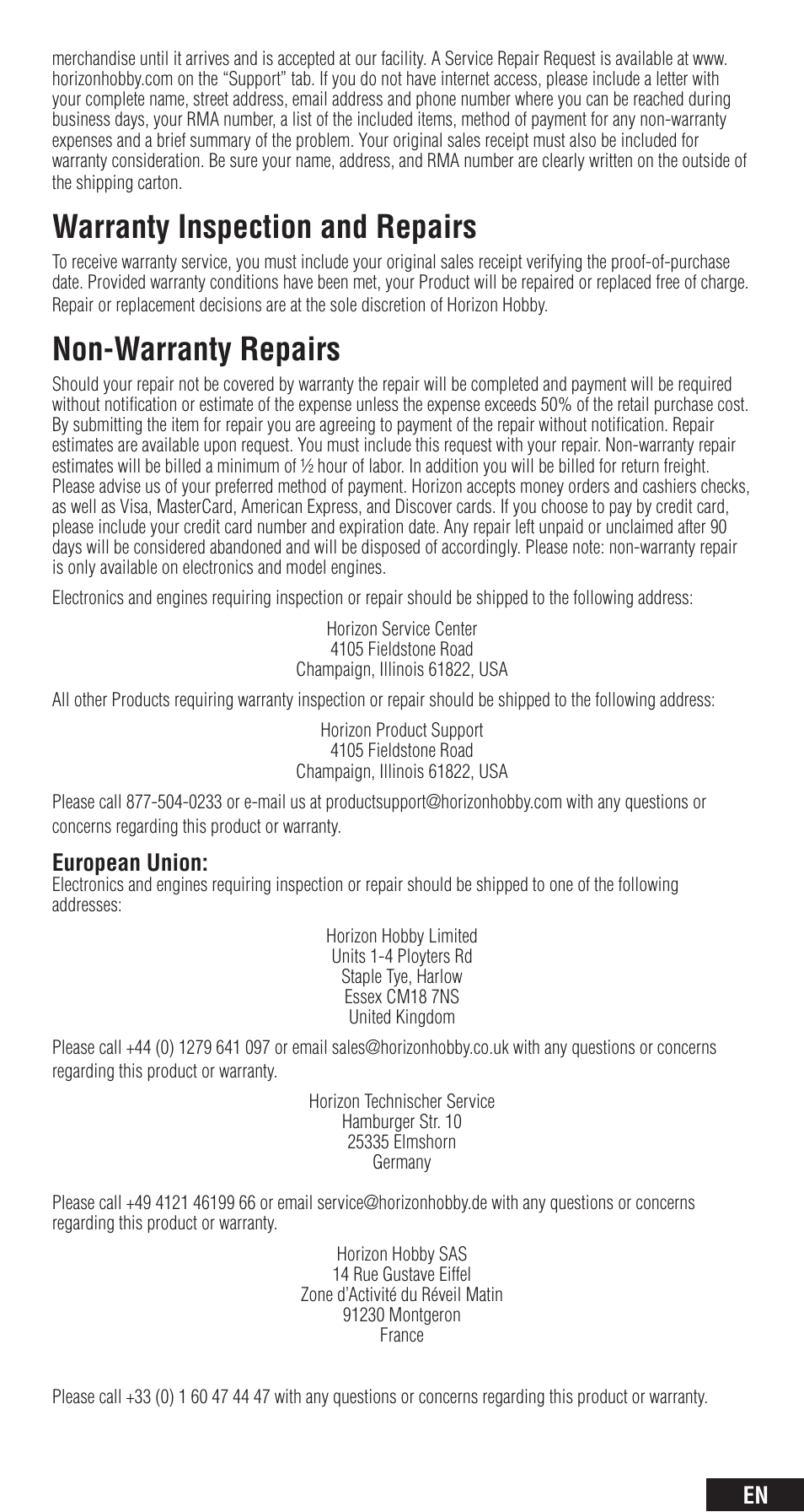 Warranty inspection and repairs, Non-warranty repairs, European union | Spektrum SPMAR8000 User Manual | Page 11 / 52