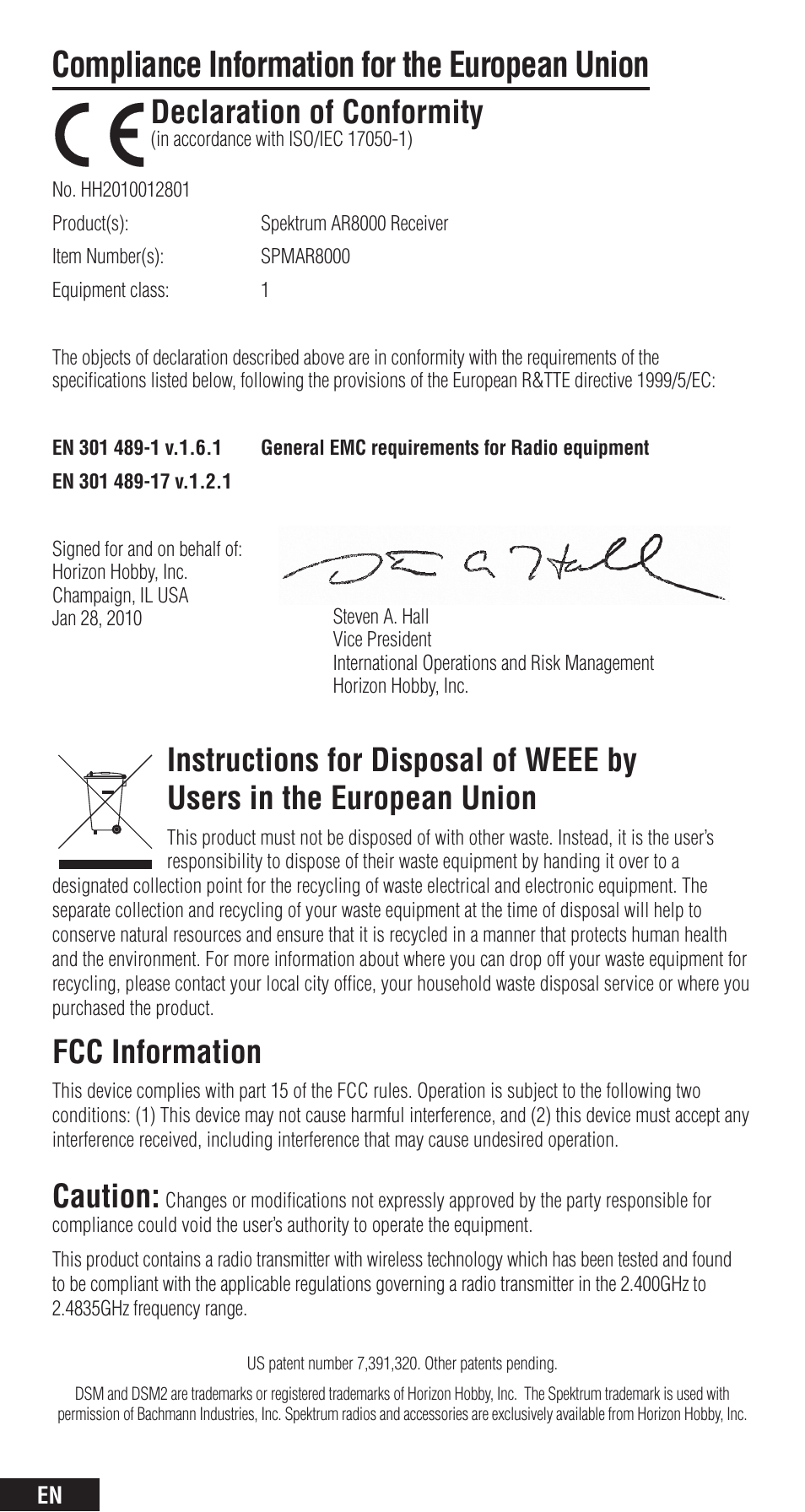 Compliance information for the european union, Declaration of conformity, Fcc information | Caution | Spektrum SPMAR8000 User Manual | Page 12 / 52