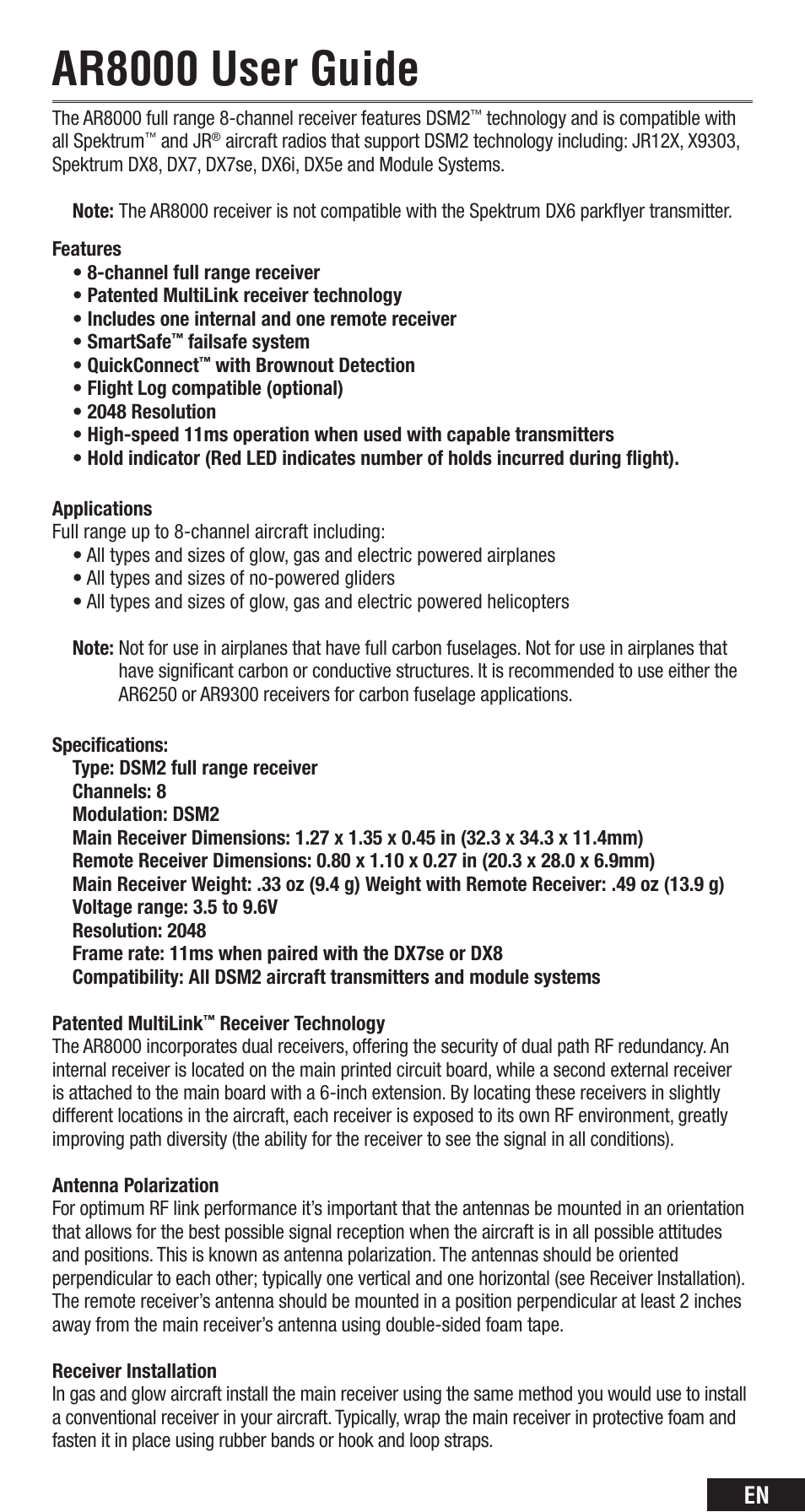 Ar8000 user guide | Spektrum SPMAR8000 User Manual | Page 3 / 52