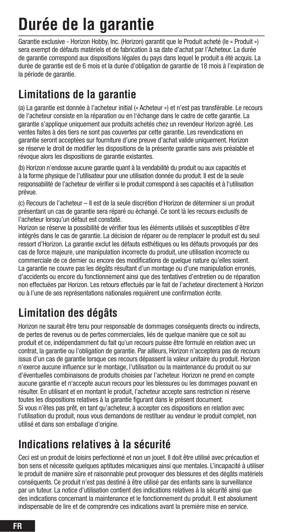 Durée de la garantie, Limitations de la garantie, Limitation des dégâts | Indications relatives à la sécurité | Spektrum SPMAR8000 User Manual | Page 34 / 52