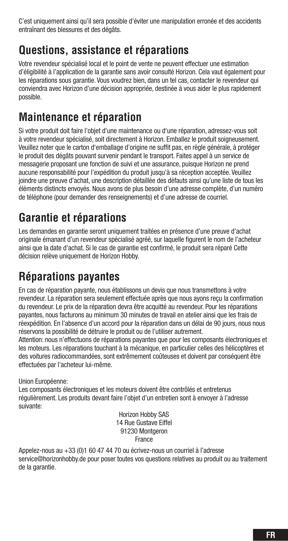 Questions, assistance et réparations, Maintenance et réparation, Garantie et réparations | Réparations payantes | Spektrum SPMAR8000 User Manual | Page 35 / 52