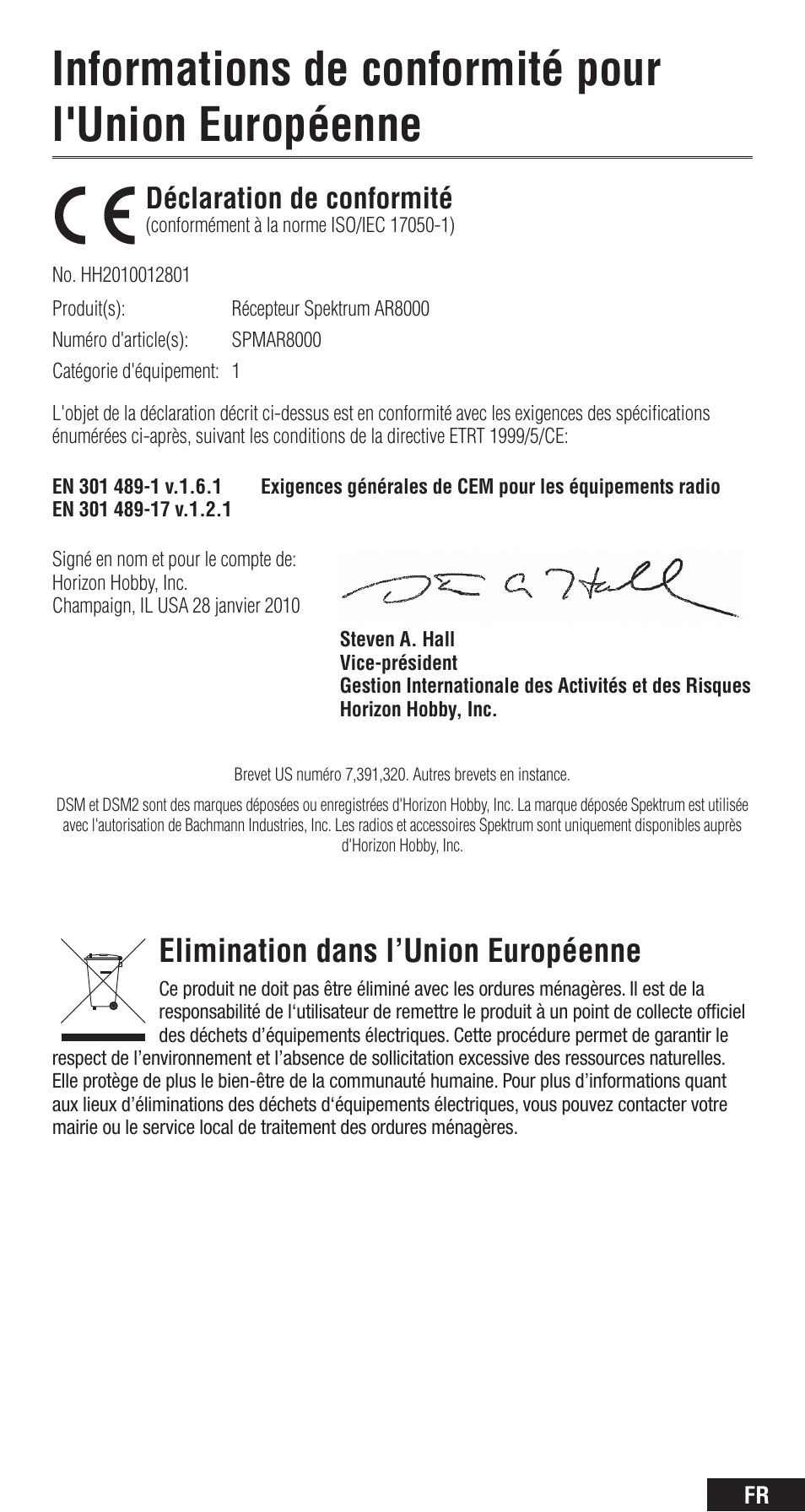 Informations de conformité pour l'union européenne, Elimination dans l’union européenne, Déclaration de conformité | Spektrum SPMAR8000 User Manual | Page 37 / 52