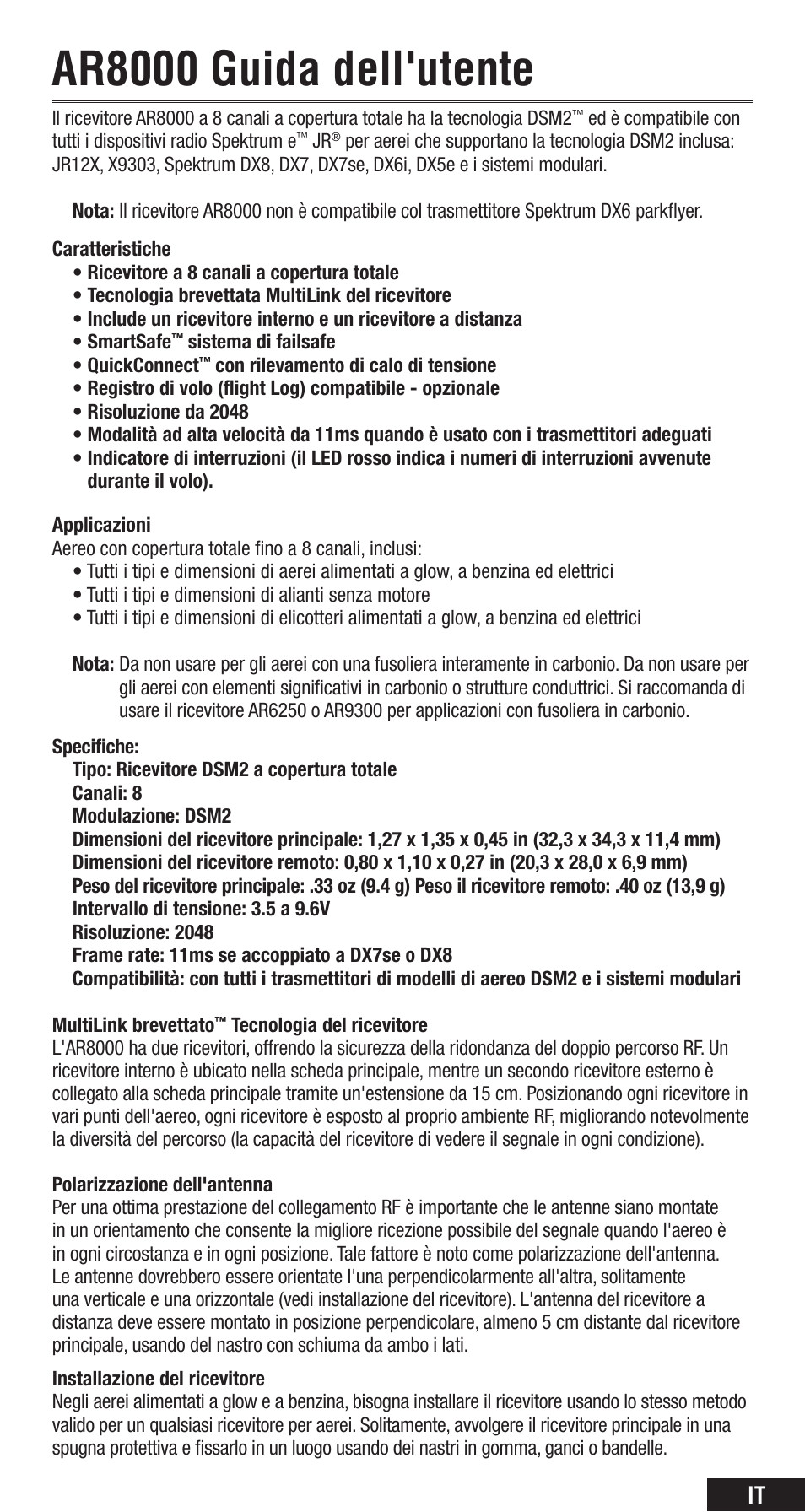 Ar8000 guida dell'utente | Spektrum SPMAR8000 User Manual | Page 39 / 52