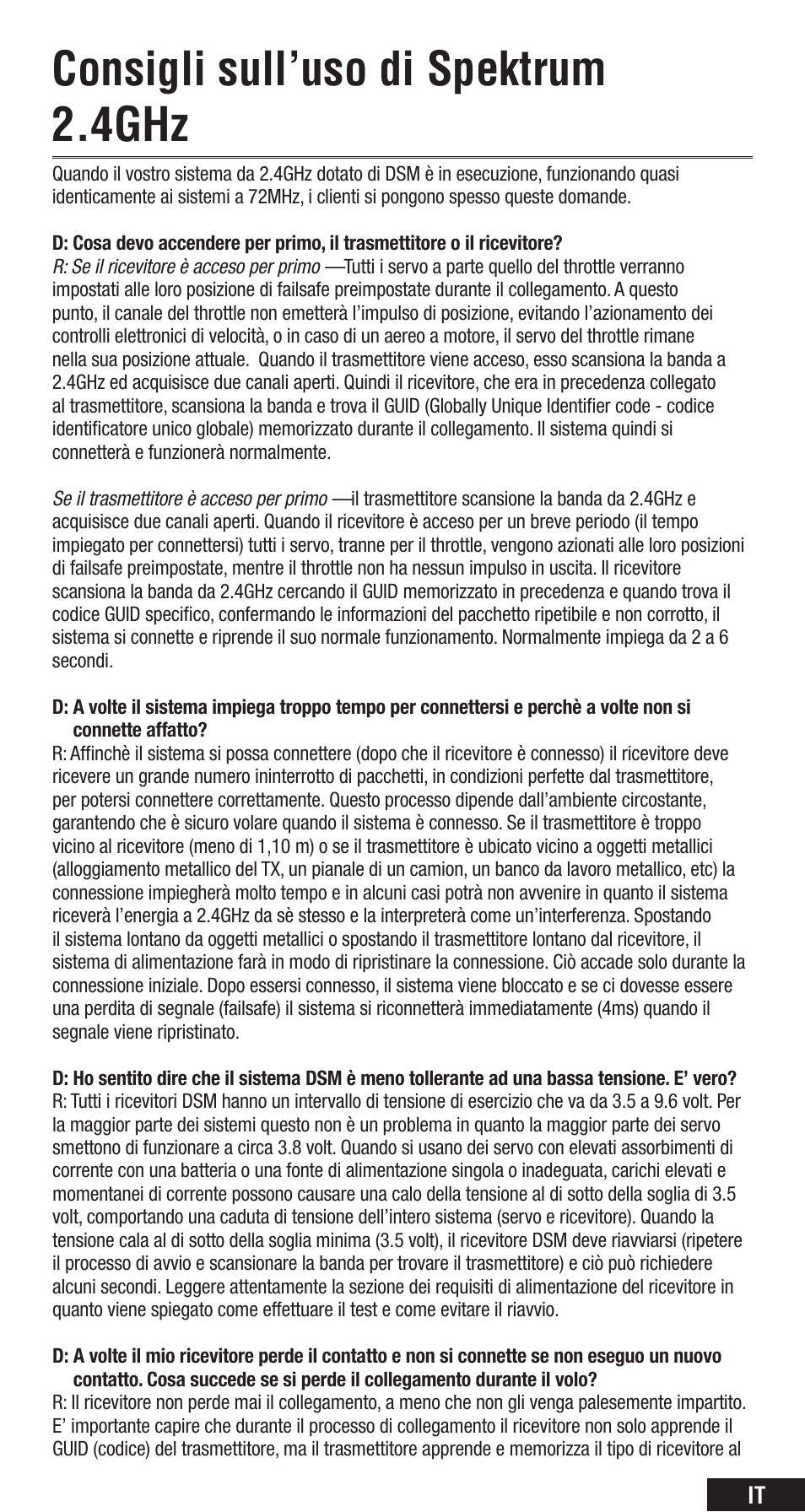 Consigli sull’uso di spektrum 2.4ghz | Spektrum SPMAR8000 User Manual | Page 45 / 52