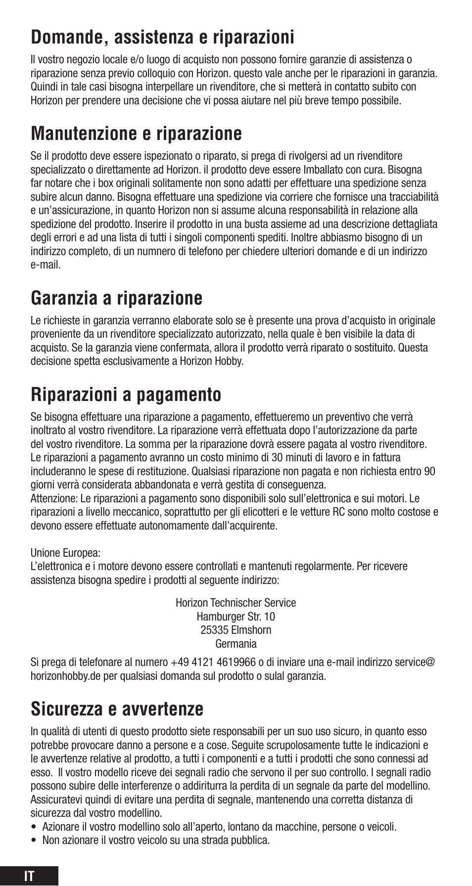 Domande, assistenza e riparazioni, Manutenzione e riparazione, Garanzia a riparazione | Riparazioni a pagamento, Sicurezza e avvertenze | Spektrum SPMAR8000 User Manual | Page 48 / 52