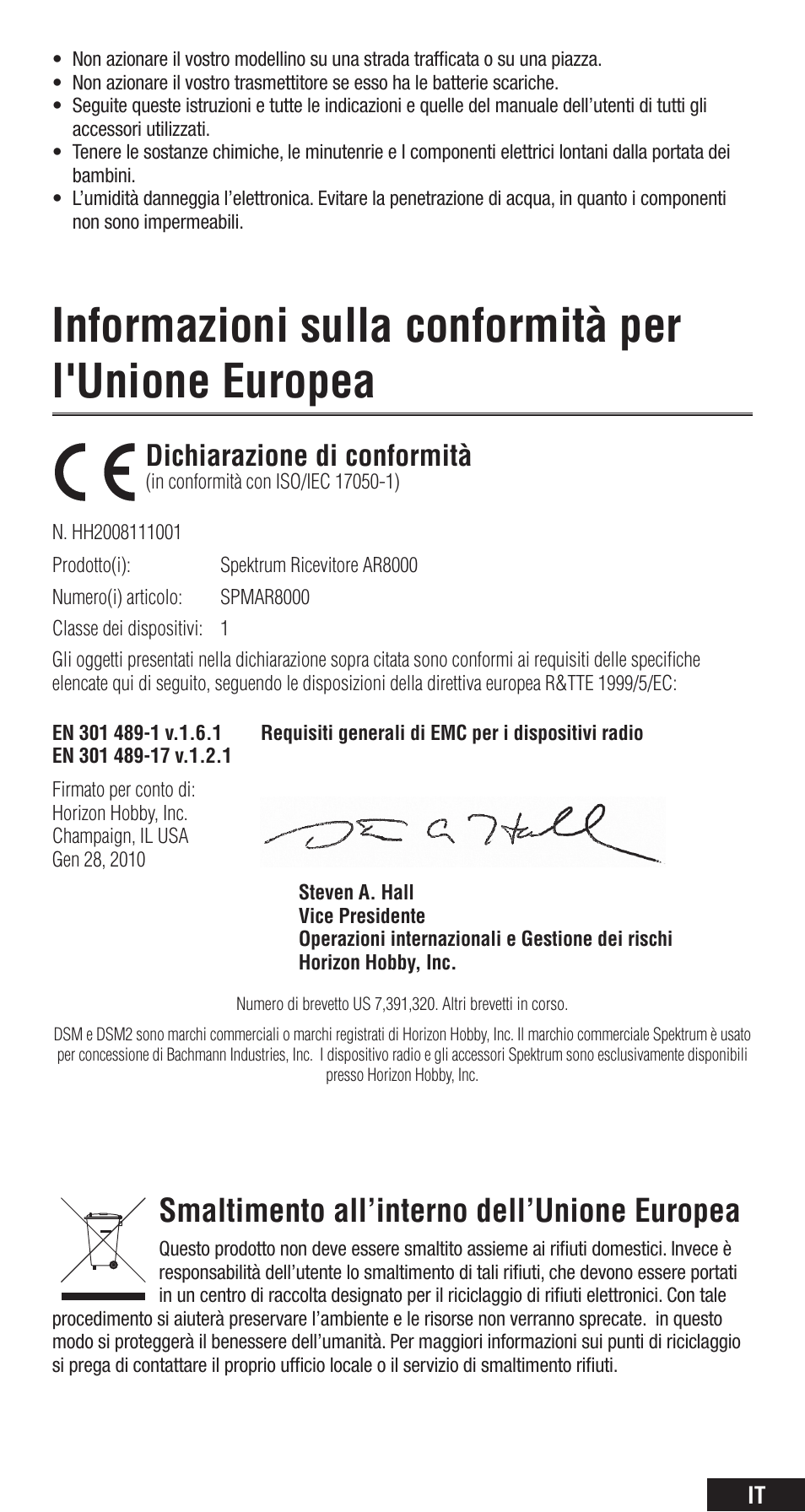 Informazioni sulla conformità per l'unione europea, Smaltimento all’interno dell’unione europea, Dichiarazione di conformità | Spektrum SPMAR8000 User Manual | Page 49 / 52