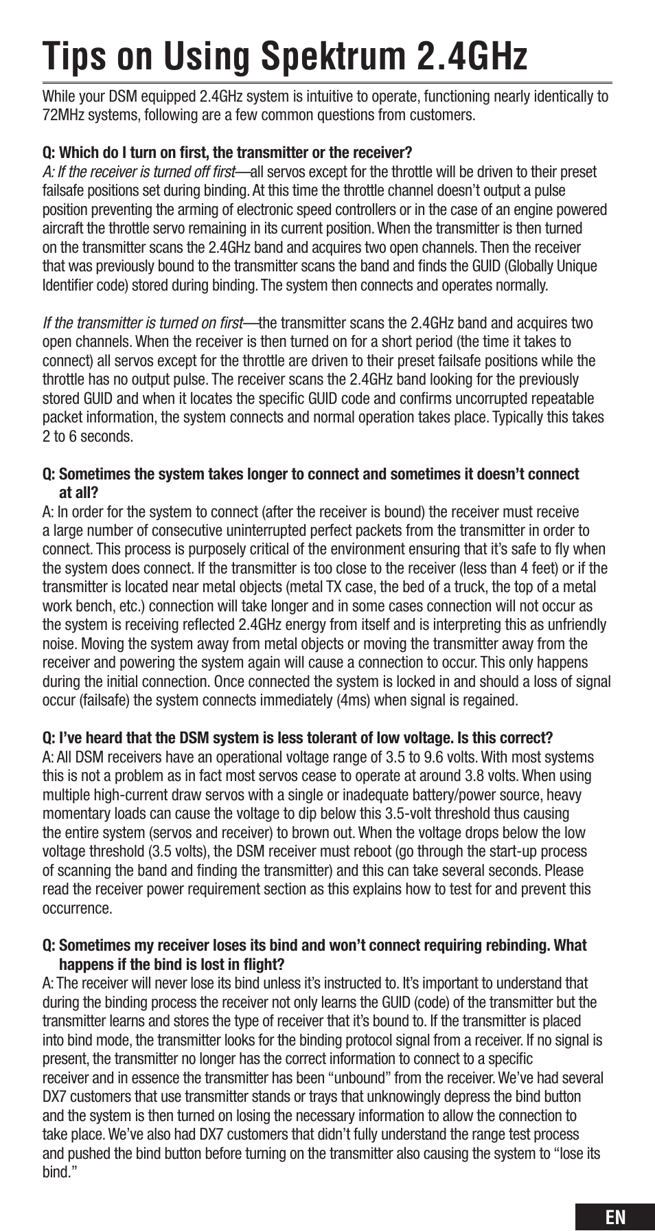 Tips on using spektrum 2.4ghz | Spektrum SPMAR8000 User Manual | Page 9 / 52