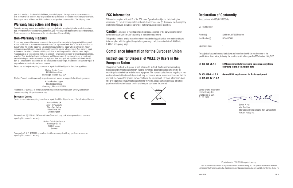 Compliance information for the european union, Fcc information, Caution | Declaration of conformity, Warranty inspection and repairs, Non-warranty repairs | Spektrum SPMAR7600 User Manual | Page 4 / 4