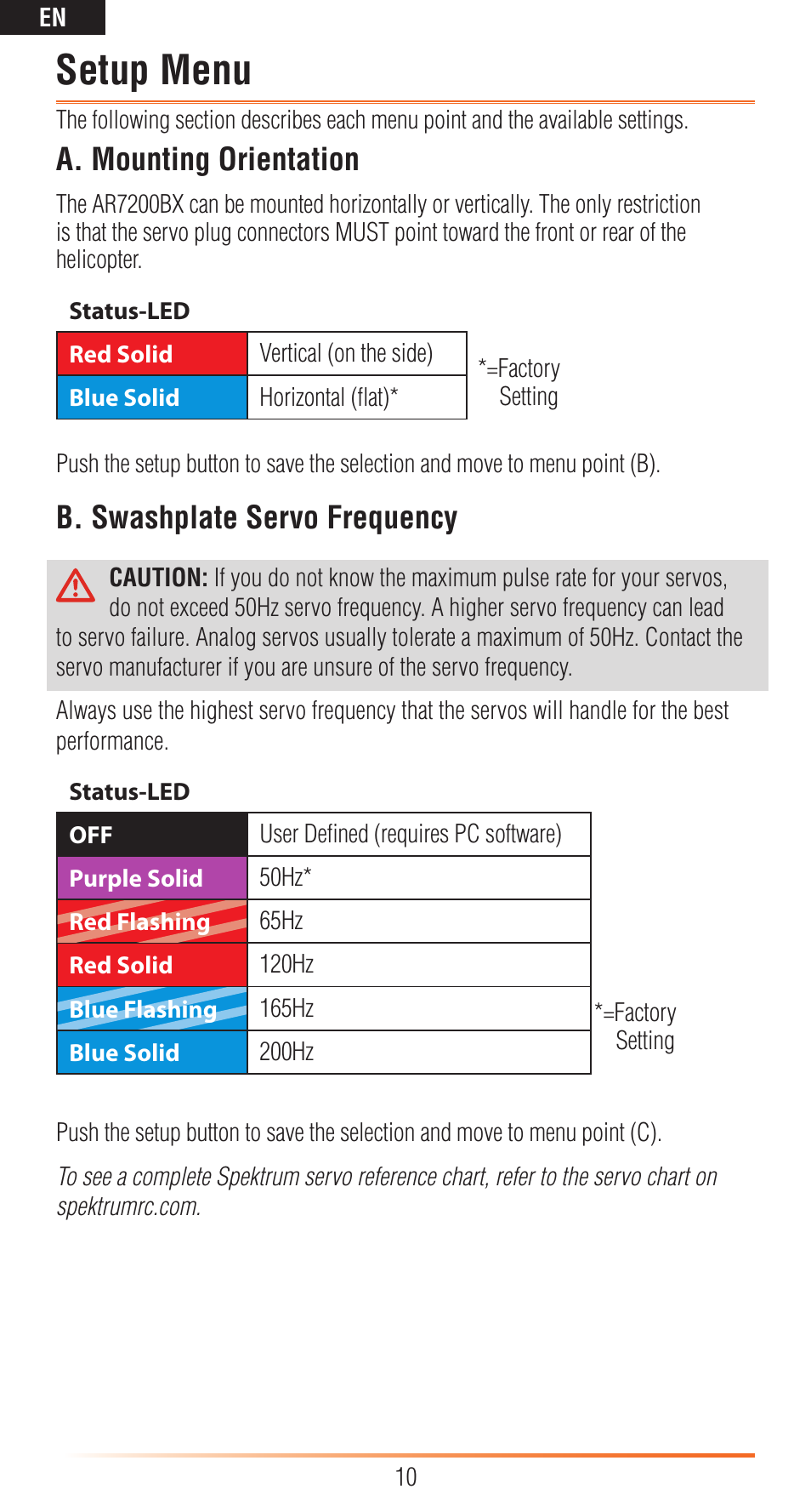 Setup menu, A. mounting orientation, B. swashplate servo frequency | Spektrum SPMAR7200BX User Manual | Page 10 / 38