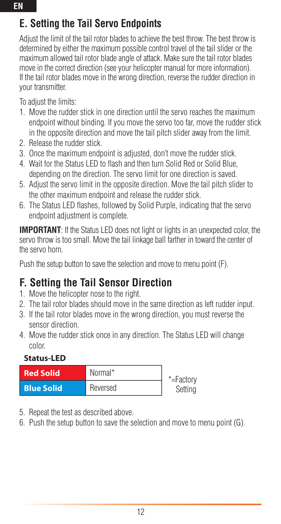 E. setting the tail servo endpoints, F. setting the tail sensor direction | Spektrum SPMAR7200BX User Manual | Page 12 / 38