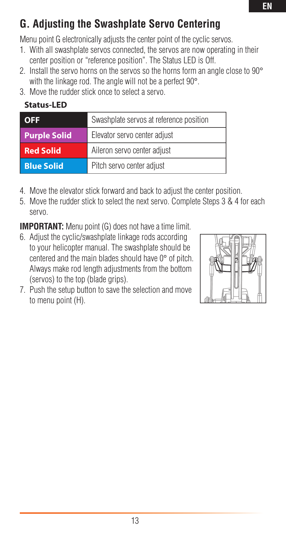 G. adjusting the swashplate servo centering | Spektrum SPMAR7200BX User Manual | Page 13 / 38