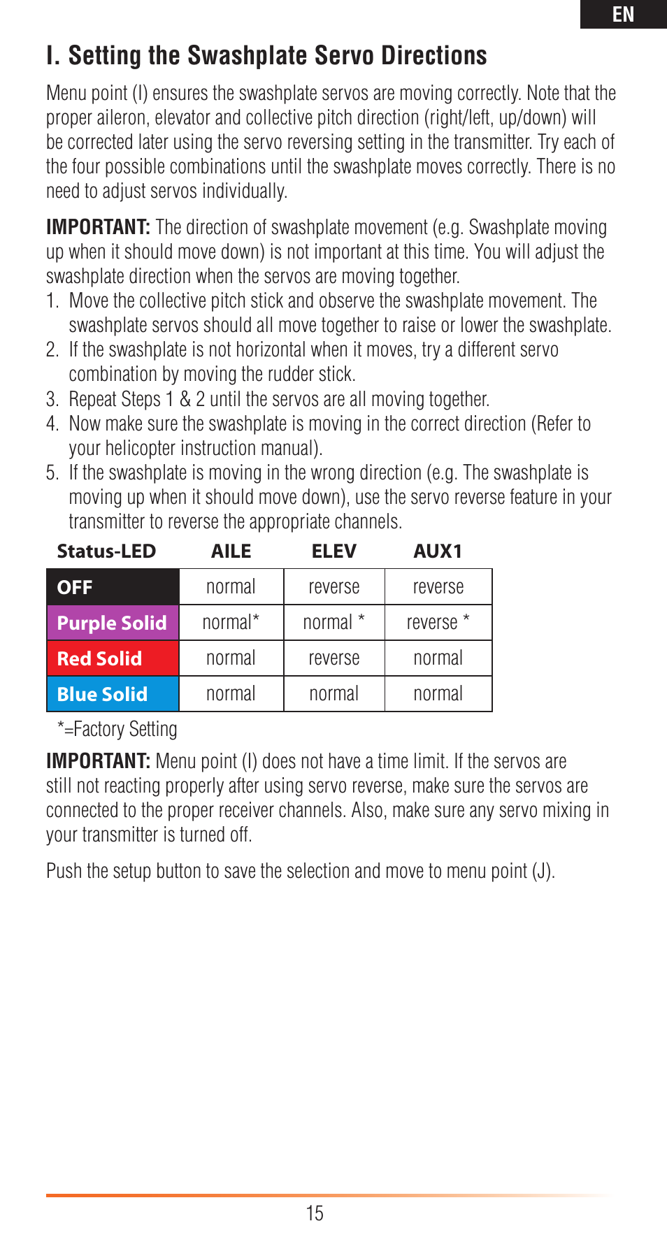 I. setting the swashplate servo directions | Spektrum SPMAR7200BX User Manual | Page 15 / 38