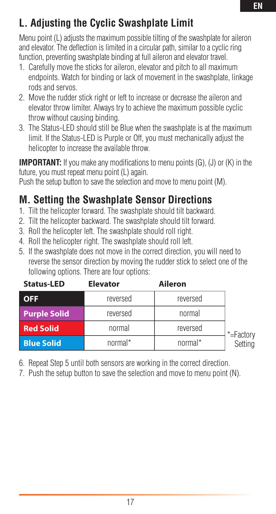 L. adjusting the cyclic swashplate limit, M. setting the swashplate sensor directions | Spektrum SPMAR7200BX User Manual | Page 17 / 38