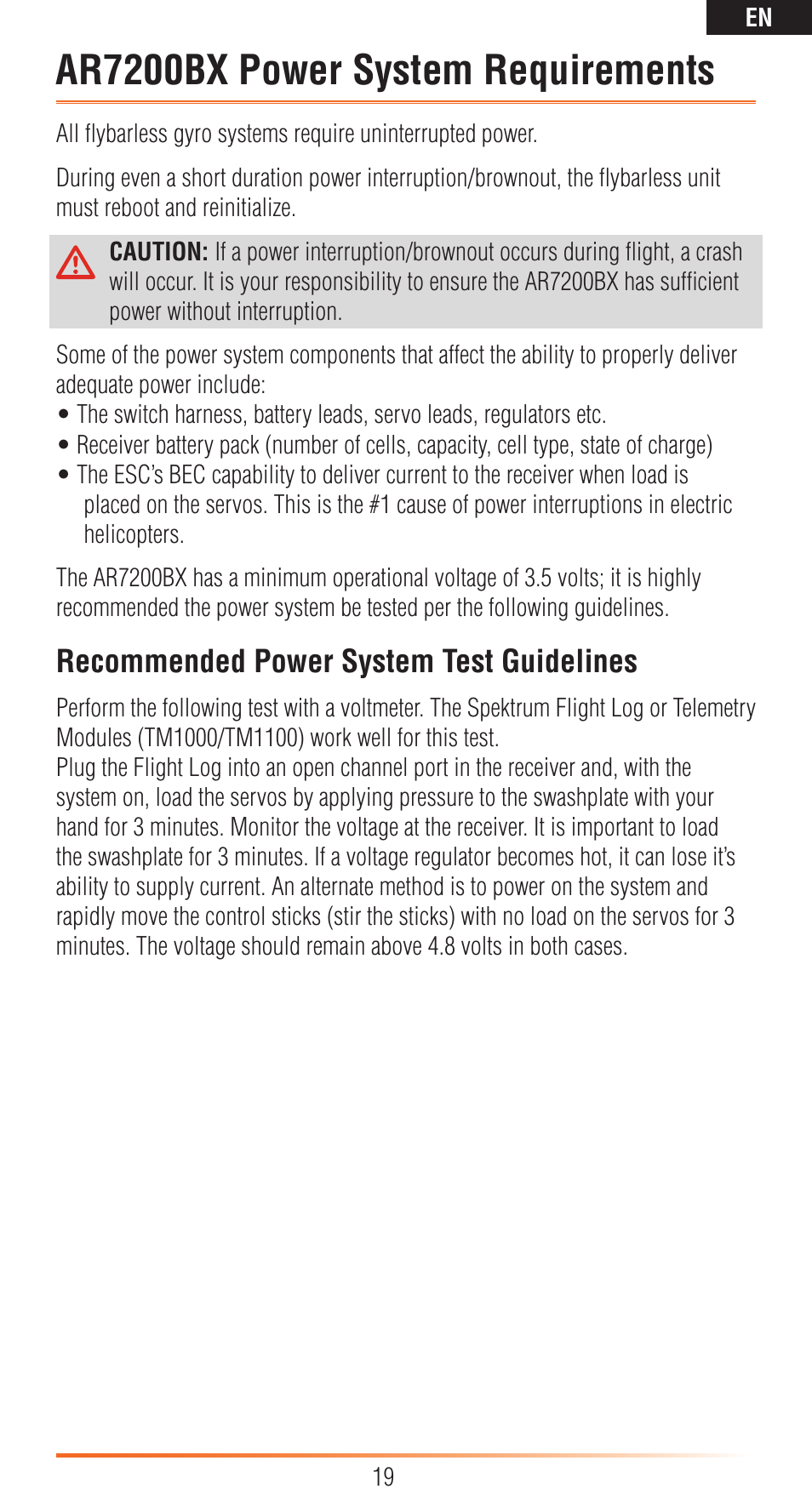 Ar7200bx power system requirements, Recommended power system test guidelines | Spektrum SPMAR7200BX User Manual | Page 19 / 38