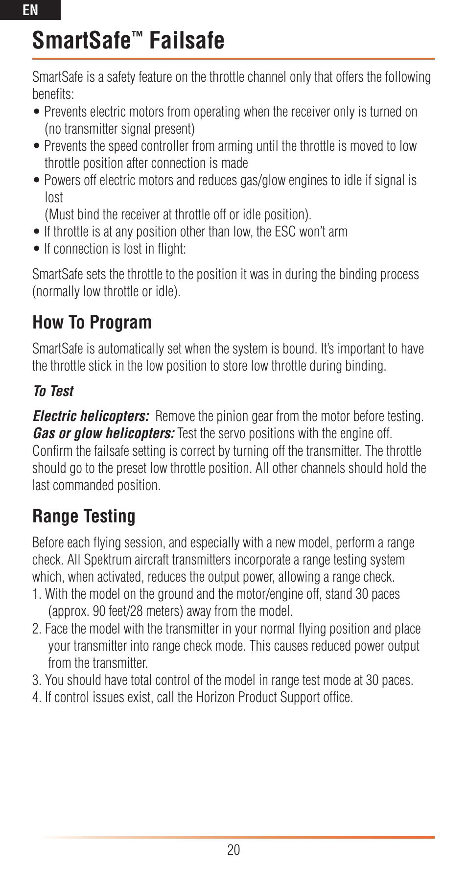 Smartsafe, Failsafe, How to program | Range testing | Spektrum SPMAR7200BX User Manual | Page 20 / 38