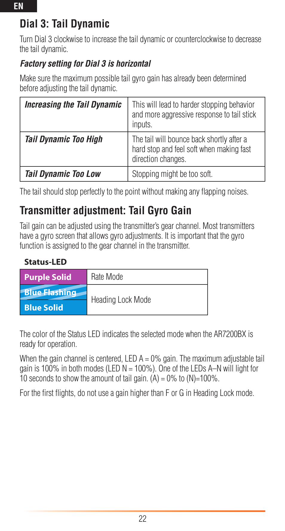 Dial 3: tail dynamic, Transmitter adjustment: tail gyro gain | Spektrum SPMAR7200BX User Manual | Page 22 / 38