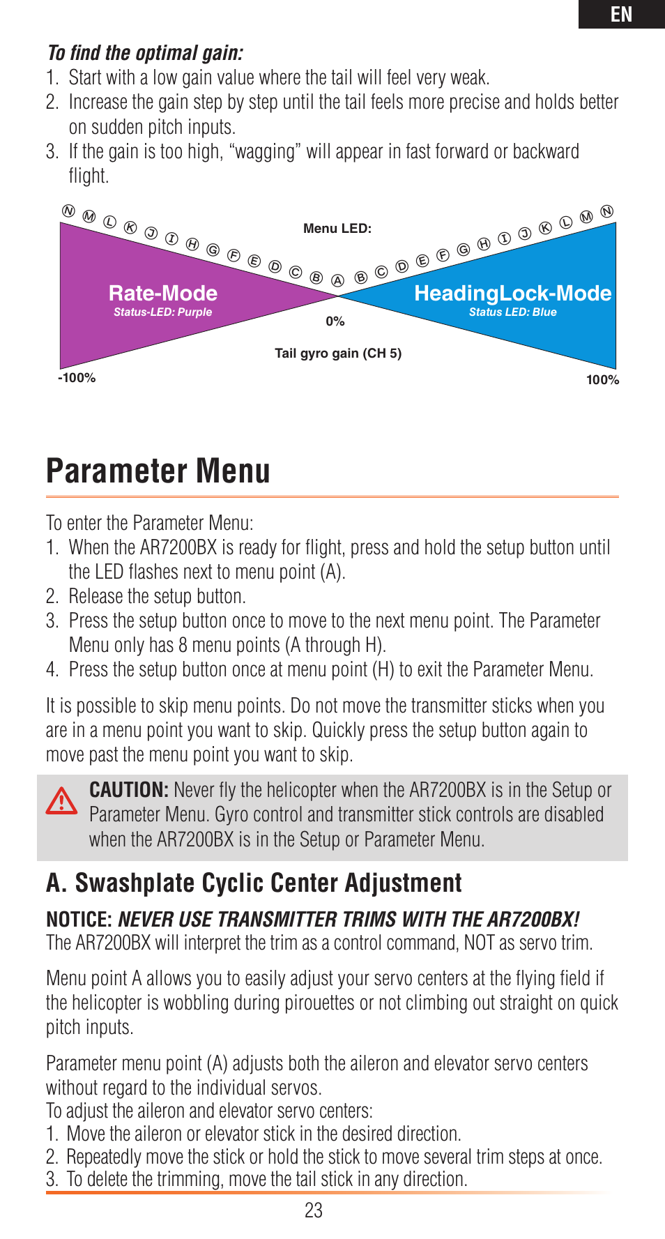 Parameter menu, A. swashplate cyclic center adjustment, Rate-mode | Headinglock-mode | Spektrum SPMAR7200BX User Manual | Page 23 / 38