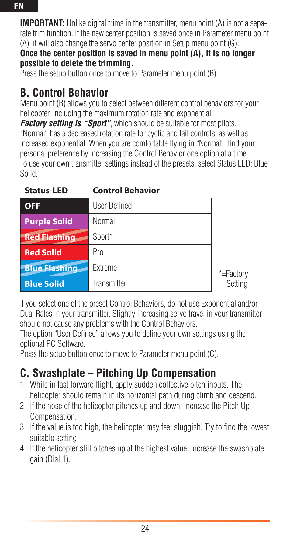 B. control behavior, C. swashplate – pitching up compensation | Spektrum SPMAR7200BX User Manual | Page 24 / 38