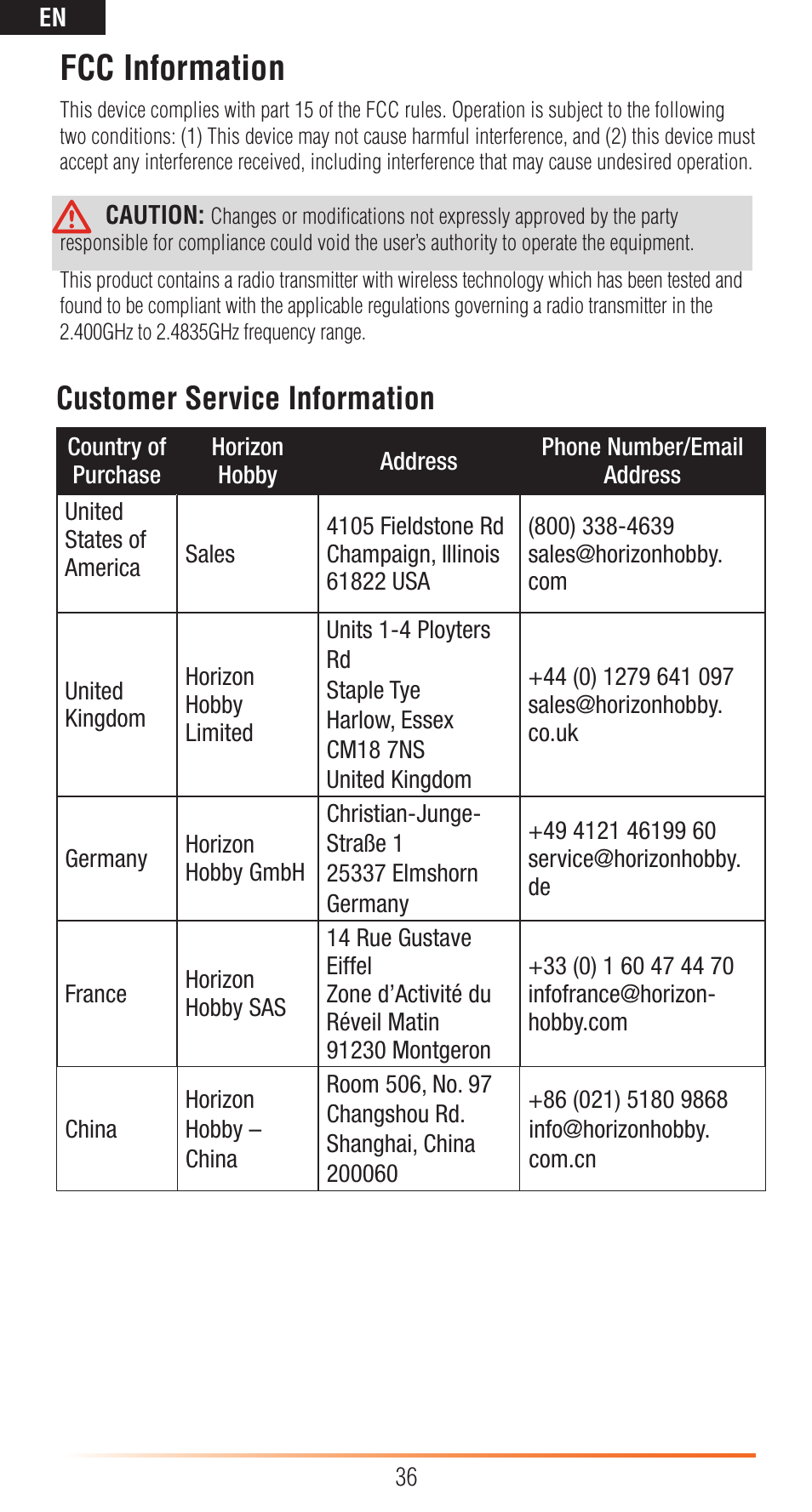 Fcc information, Customer service information | Spektrum SPMAR7200BX User Manual | Page 36 / 38