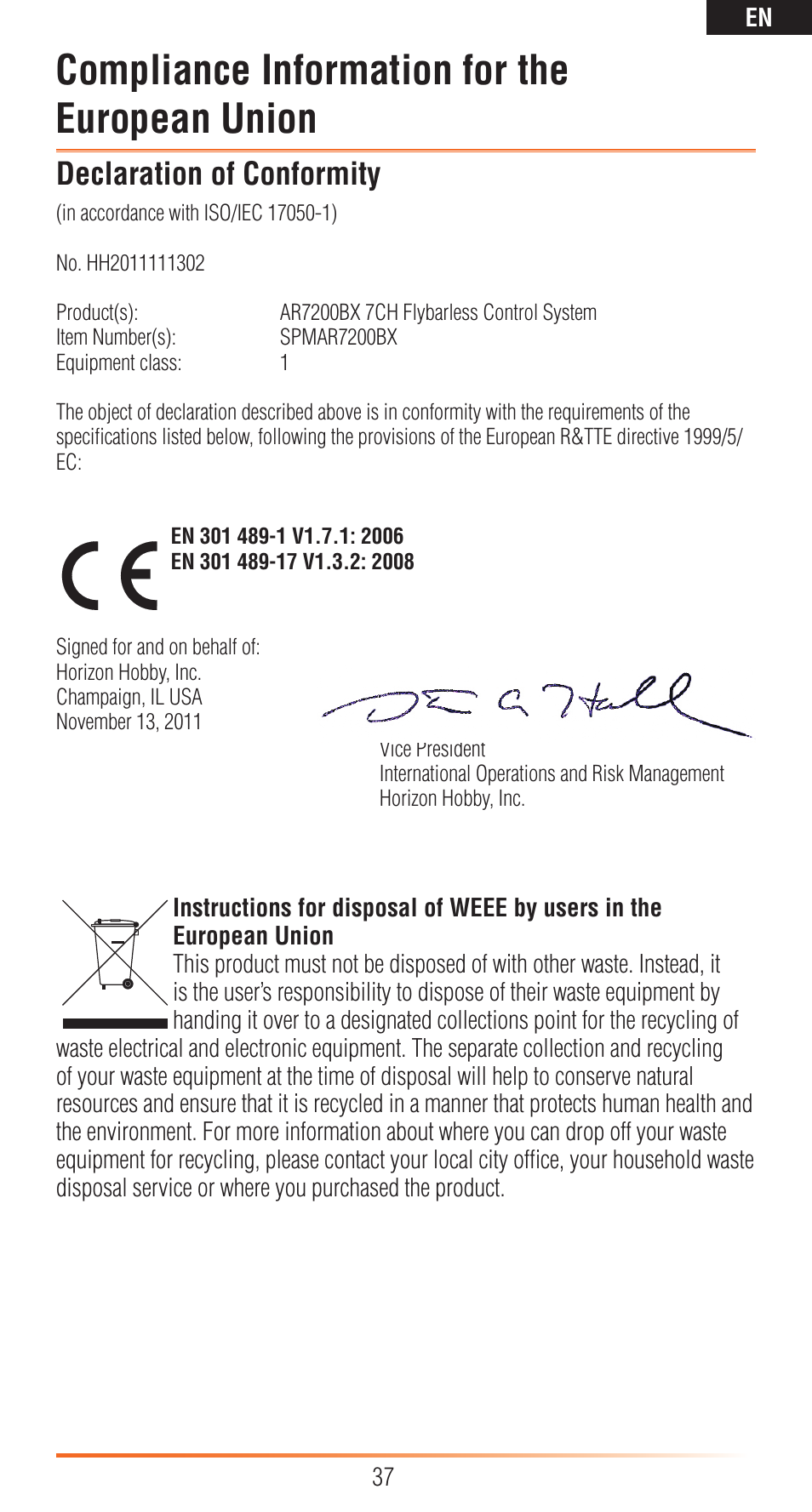Compliance information for the european union, Declaration of conformity | Spektrum SPMAR7200BX User Manual | Page 37 / 38