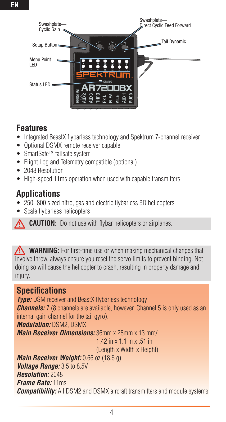 Features, Applications, Specifications | Spektrum SPMAR7200BX User Manual | Page 4 / 38