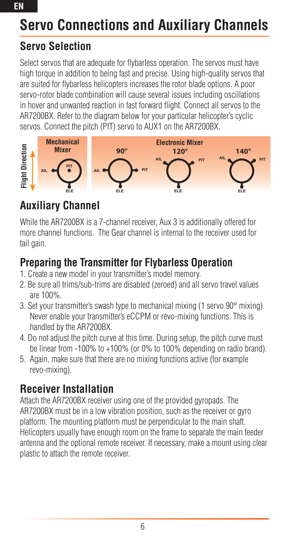 Servo connections and auxiliary channels, Servo selection, Auxiliary channel | Preparing the transmitter for flybarless operation, Receiver installation | Spektrum SPMAR7200BX User Manual | Page 6 / 38
